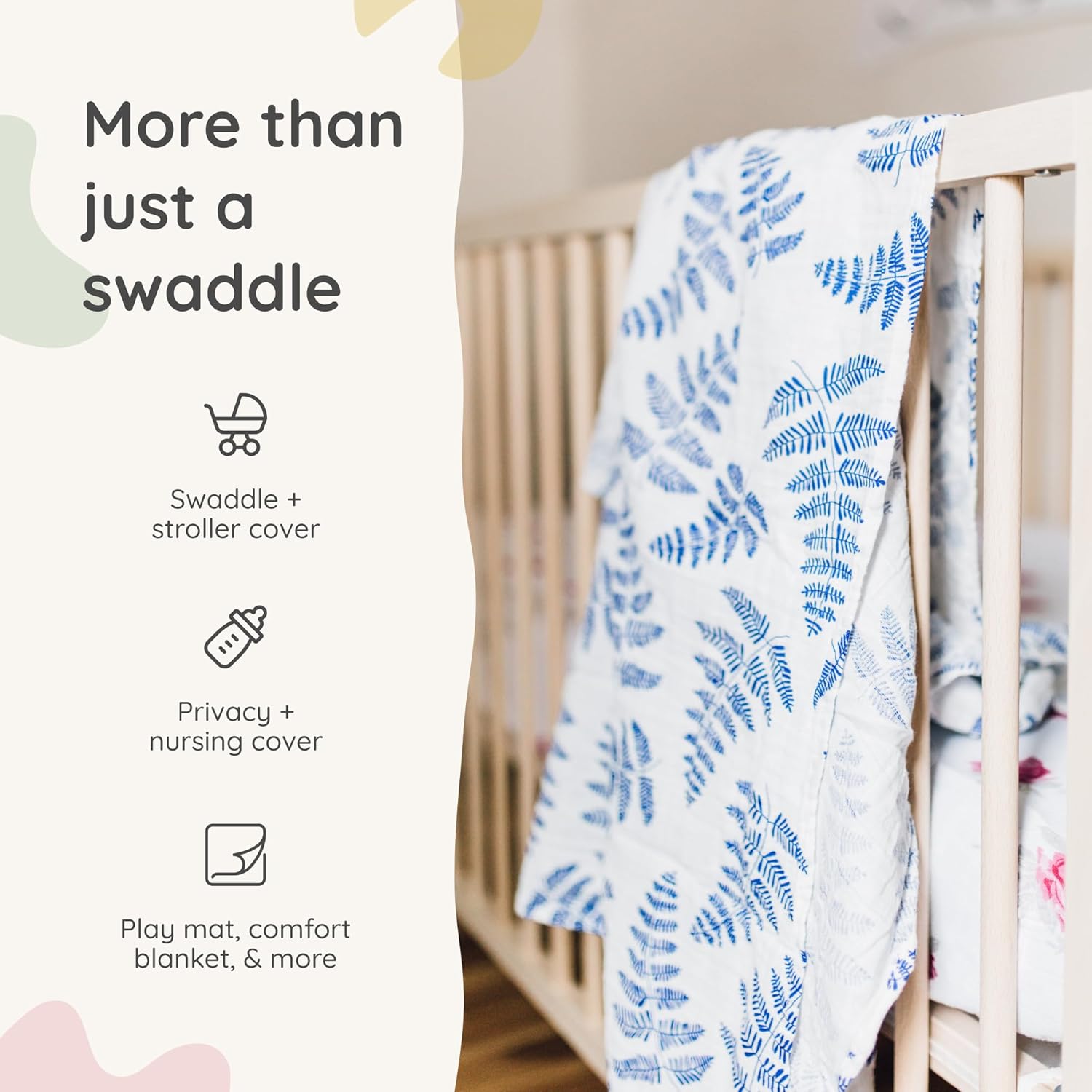 Margaux & May Organic Muslin Baby Swaddle – 100% Organic Cotton, Large 47” x 47” Newborn Swaddle, Soft & Breathable Muslin Swaddle Blanket, Blue Fern and Classic Blue