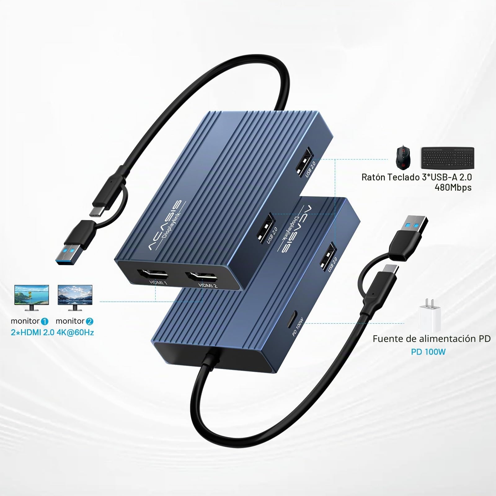 Adaptador USB C a Doble HDMI DisplayLink, 4K a 60 Hz, 2 HDMI, PD 100 W, estación de Acoplamiento USB C DisplayLink para Mac M1/M2/M3/Windows, Adaptador USB A/C a Doble Monitor (Grigio Fantasma)