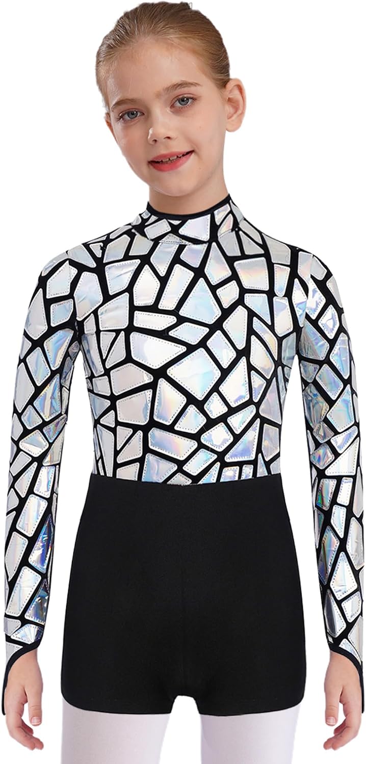 FEESHOW Kids Girls Sequins Metallic Long Sleeve Gymnastics Leotards Ballet Jazz Dance Unitard Biketard Skating Jumpsuit