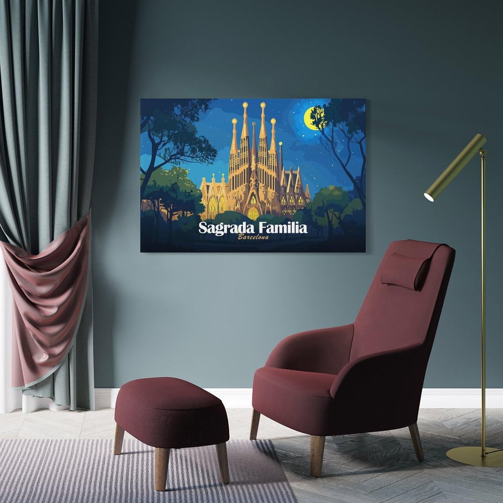Junmoney Canvas Art Print Sagrada Familia Barcelona Night Illustration, 24x36inch(60x90cm), for Office, Study Or Home Workspace, Home Office Artwork with Decorative Appeal
