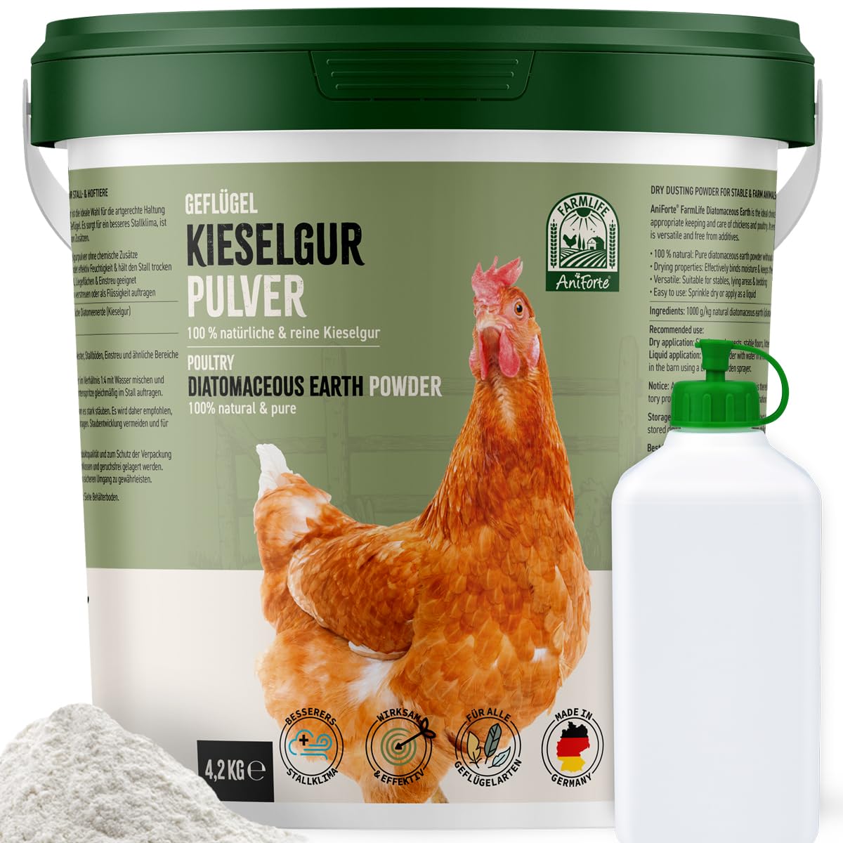 GreenPet KiesoVet Kieselguhr Per Polli 4kg - Pura Terra Di Diatomee Naturale Con Flacone Per L'applicazione, Polvere Di Silice, Prodotto Naturale Per Pollai E Allevamenti Di Pollame