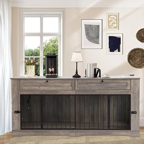 Miniatura 34 de Muebles grandes para jaula para perros, jaula decorativa resistente para interiores, mesa auxiliar de madera para perros con estación de carga, casa