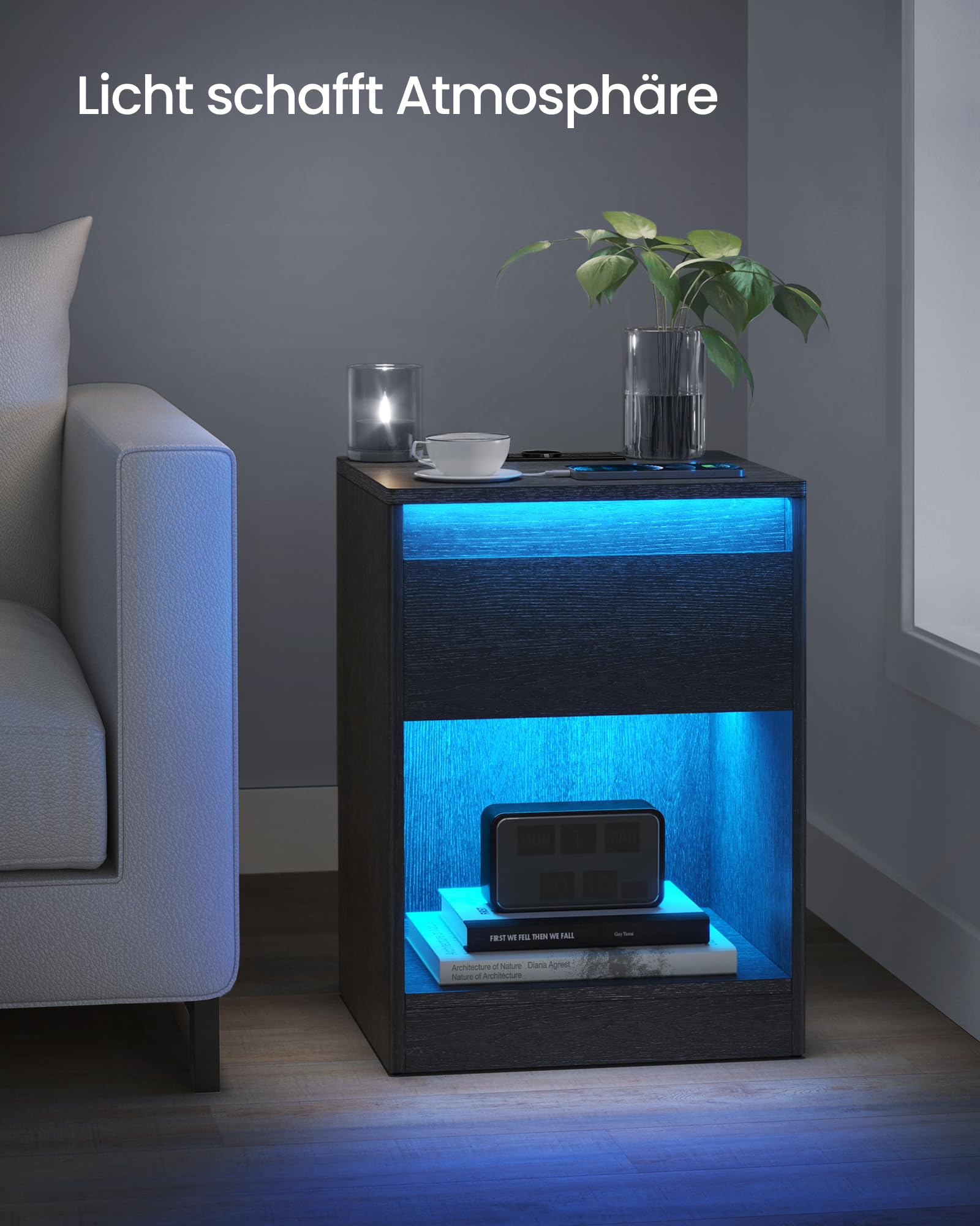 VASAGLE Nachttisch mit Einstellbarer LED-Beleuchtung, Beistelltisch mit Steckdosen, Schublade, 2 AC-Steckdosen, 2 USB-Anschlüsse, modern, für Schlafzimmer, Wohnzimmer, aschschwarz LET618T22