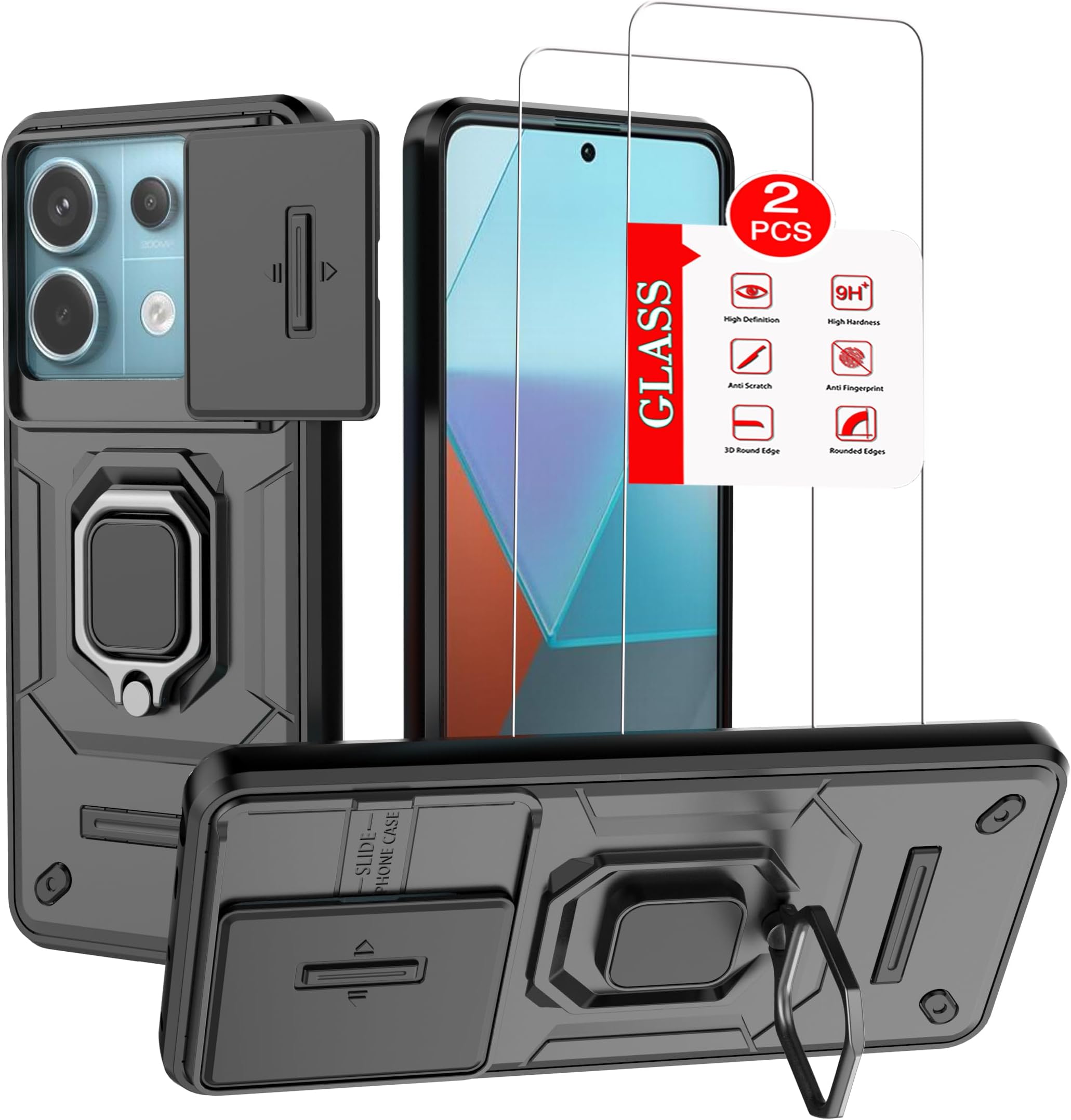 Cellular Phone Case for XiaoMi RedMi Note 13 Pro 5G - Military-Grade Protective Armor, 2 Pack Tempered Glass Screen Protector, Magnetic Kickstand (Black)