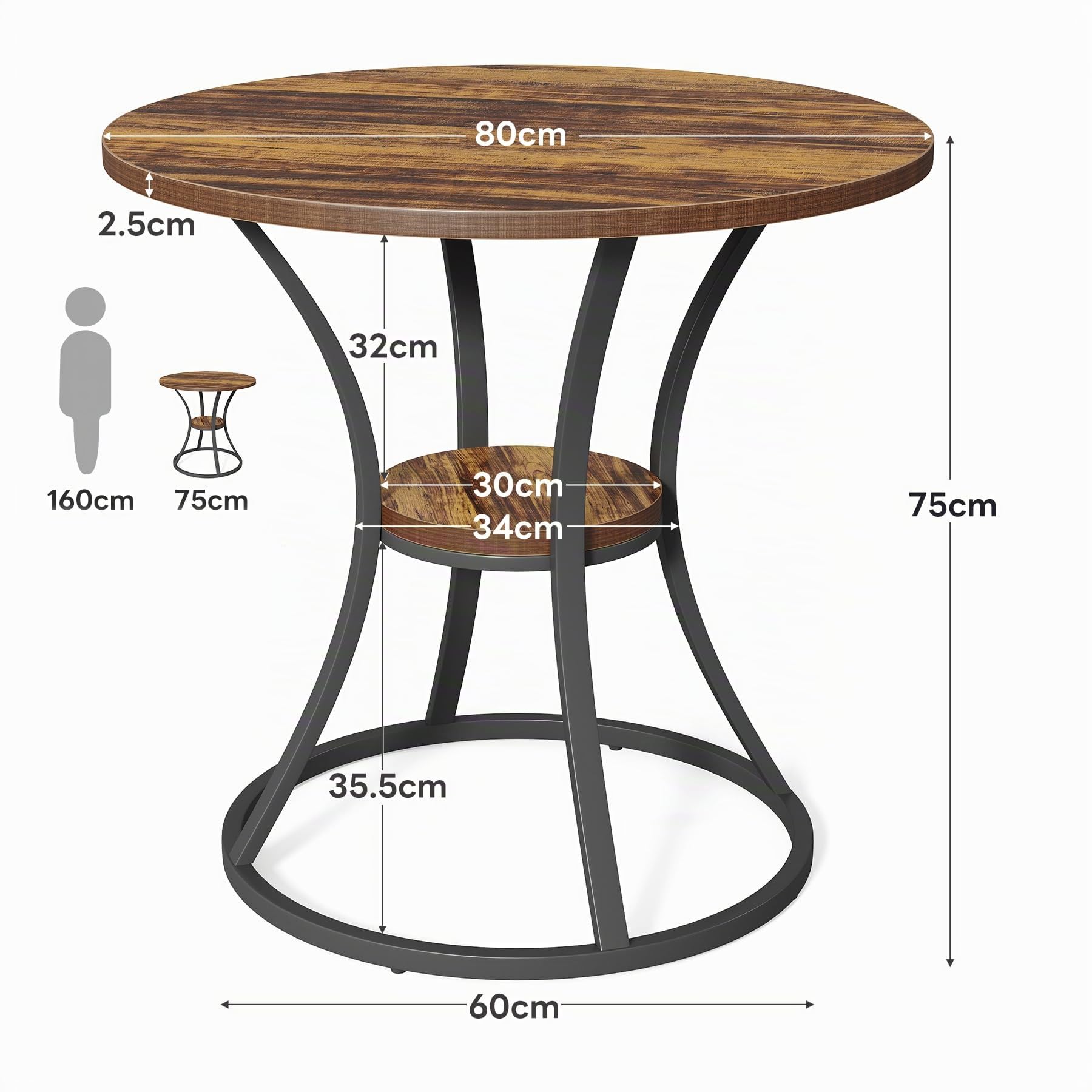 Tribesigns Runder Esstisch, Küchentisch für Esszimmer Wohnzimmer, 80 cm Esszimmertische für 2-4 Personen, Kleine Esstisch mit mit Stauraum und Metallfuß, rustikales Braun (nur Tisch)