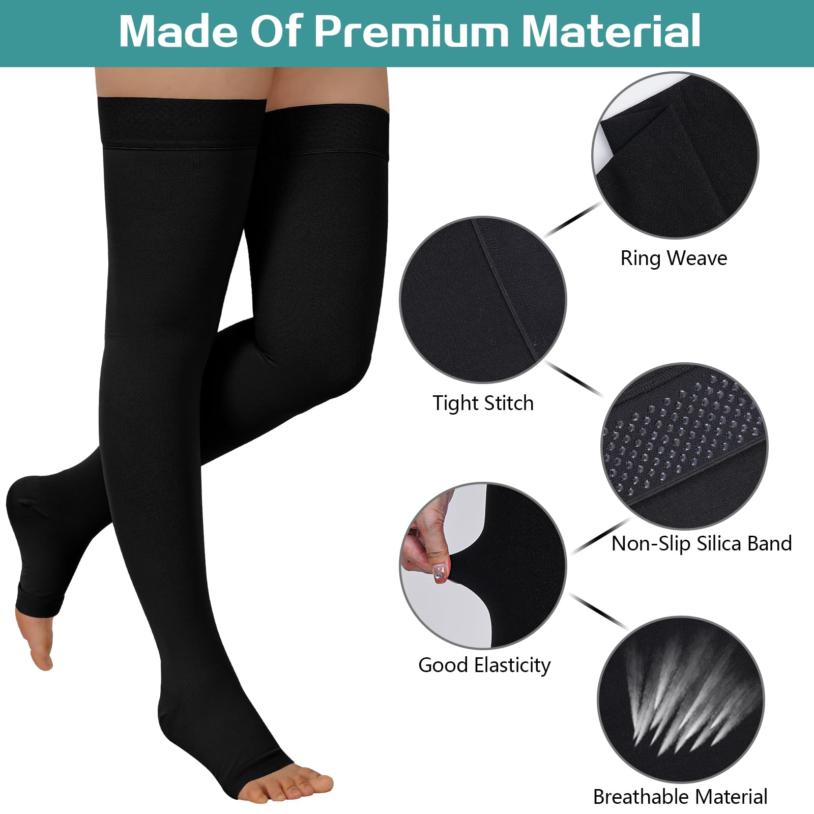 2 pares de medias de compresión hasta el muslo de 20-30 mmHg, médicas con banda de silicona para puntos, el mejor apoyo para lactancia, venas varicosas, deportes para mujeres y hombres