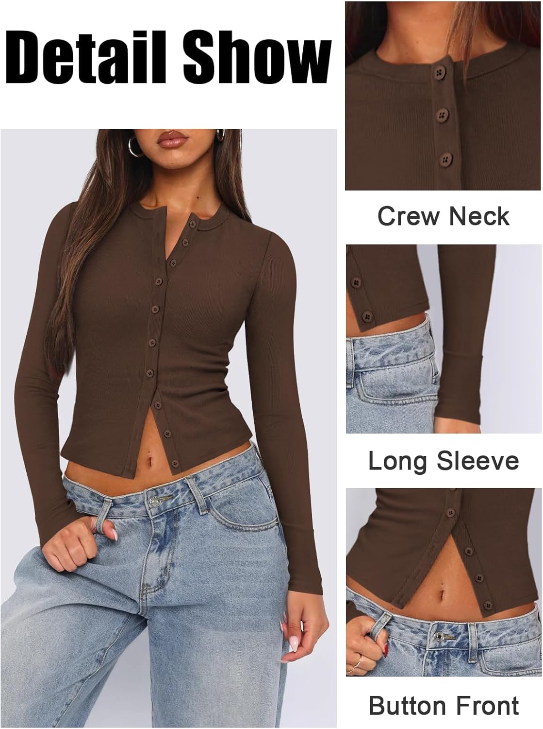 Womens Ribbed Button Down Long Sleeve Top Knit Button Up Fitted Cardigans Cropped Cute Fall Going Out Tops for Women - Image 4