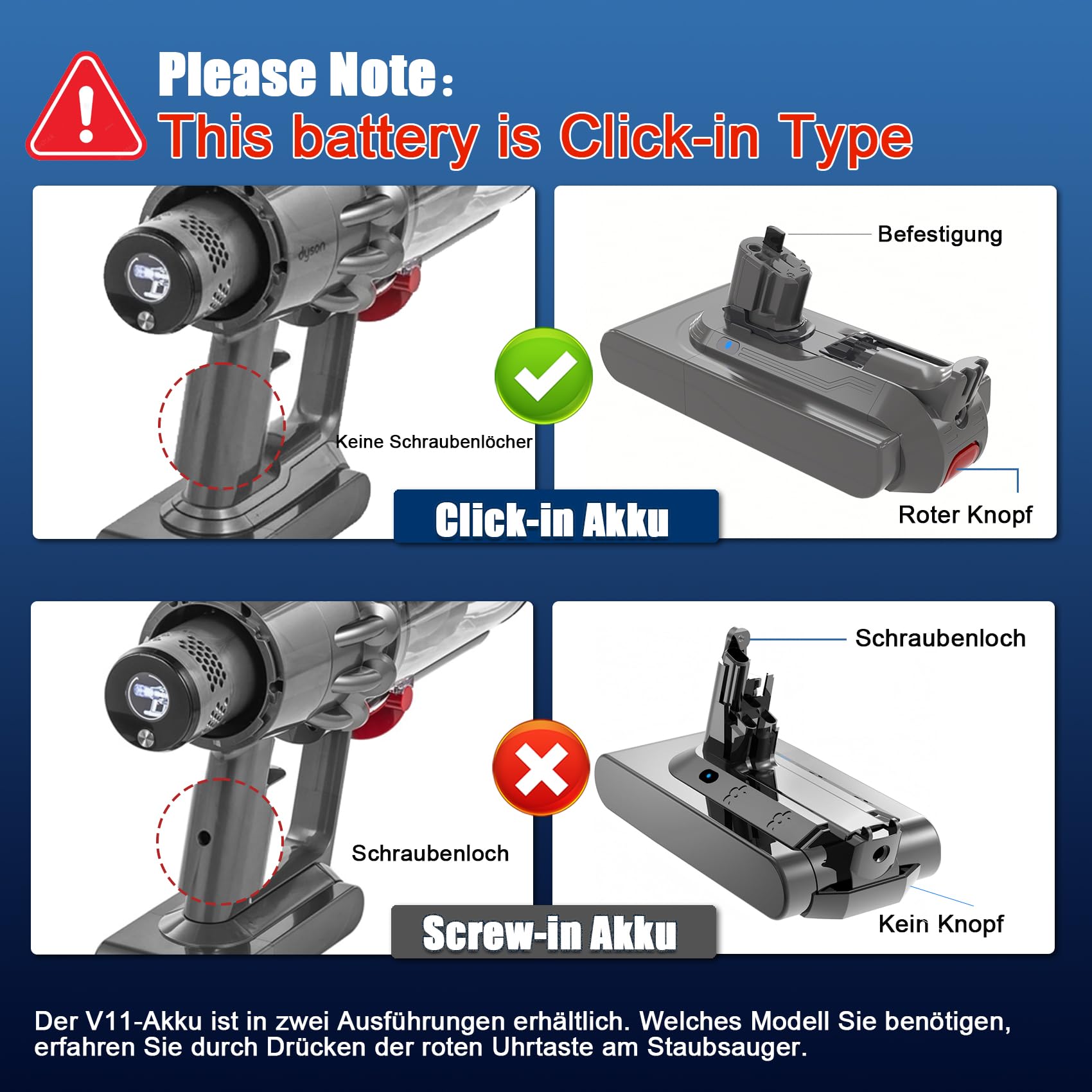 V11 Click-in Akku, Ersatzakku für Dyson V11 SV22 SV15 mit 2 Filtern