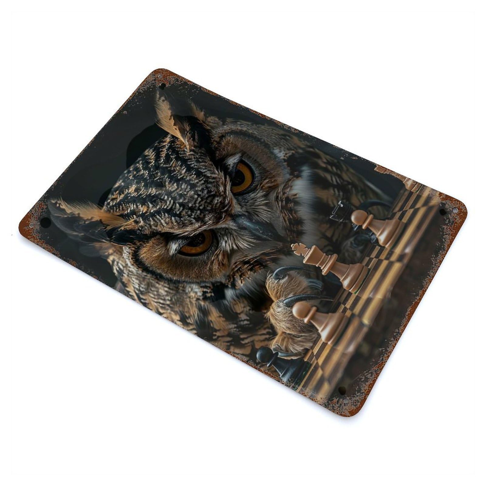 Owl Chess Aged Metal Wall Plaque 11.8"x7.9", for Pub, Kitchen And Man Cave Decor, Decorative Metal Wall Art