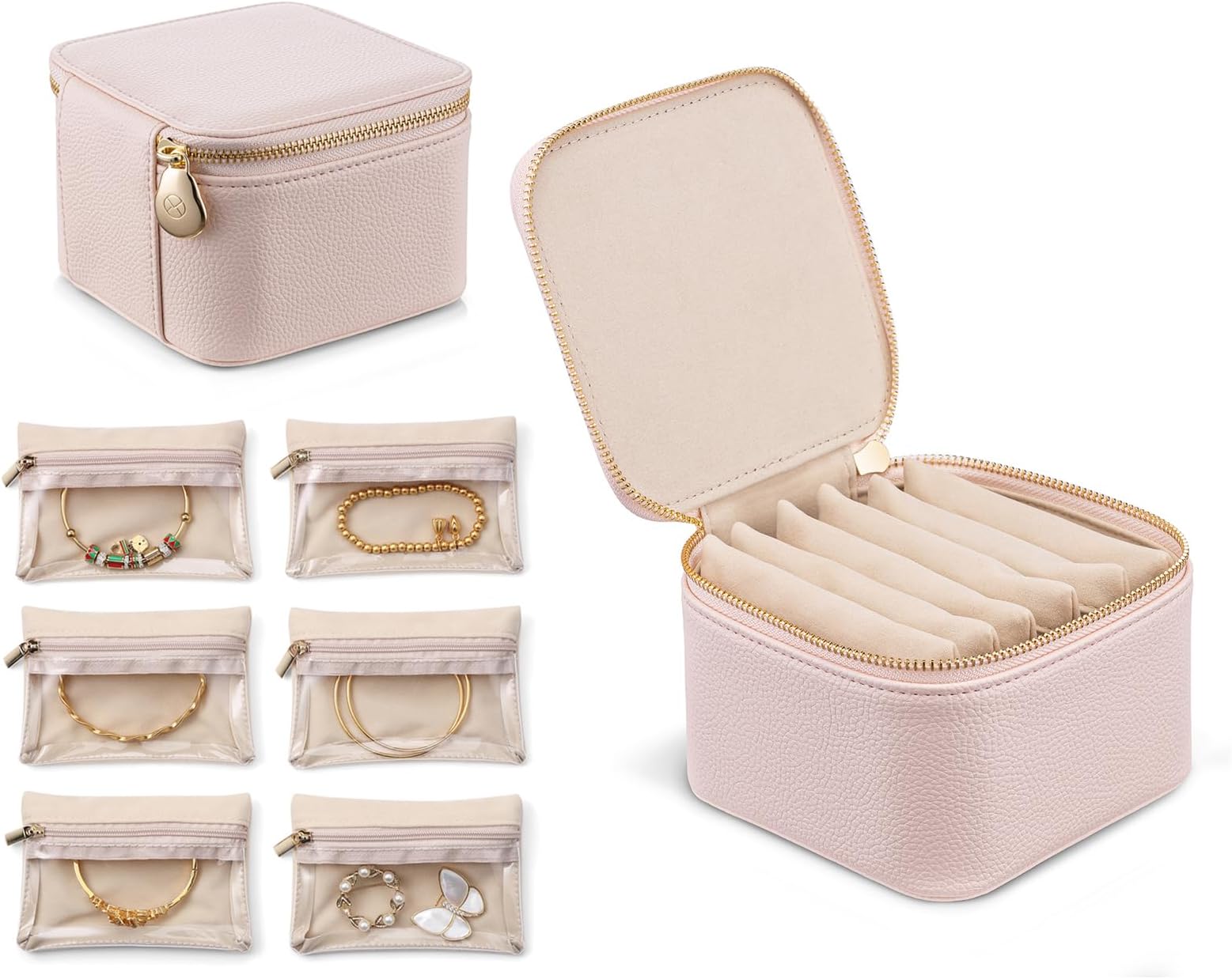 VLANDO Travel Jewelry Box Organizer โ Portable PU Leather Jewelry Case with 6/8/12 Zippered Pouches, Compact Storage for Earrings Rings Necklaces Bracelets, Rosy Mauve
