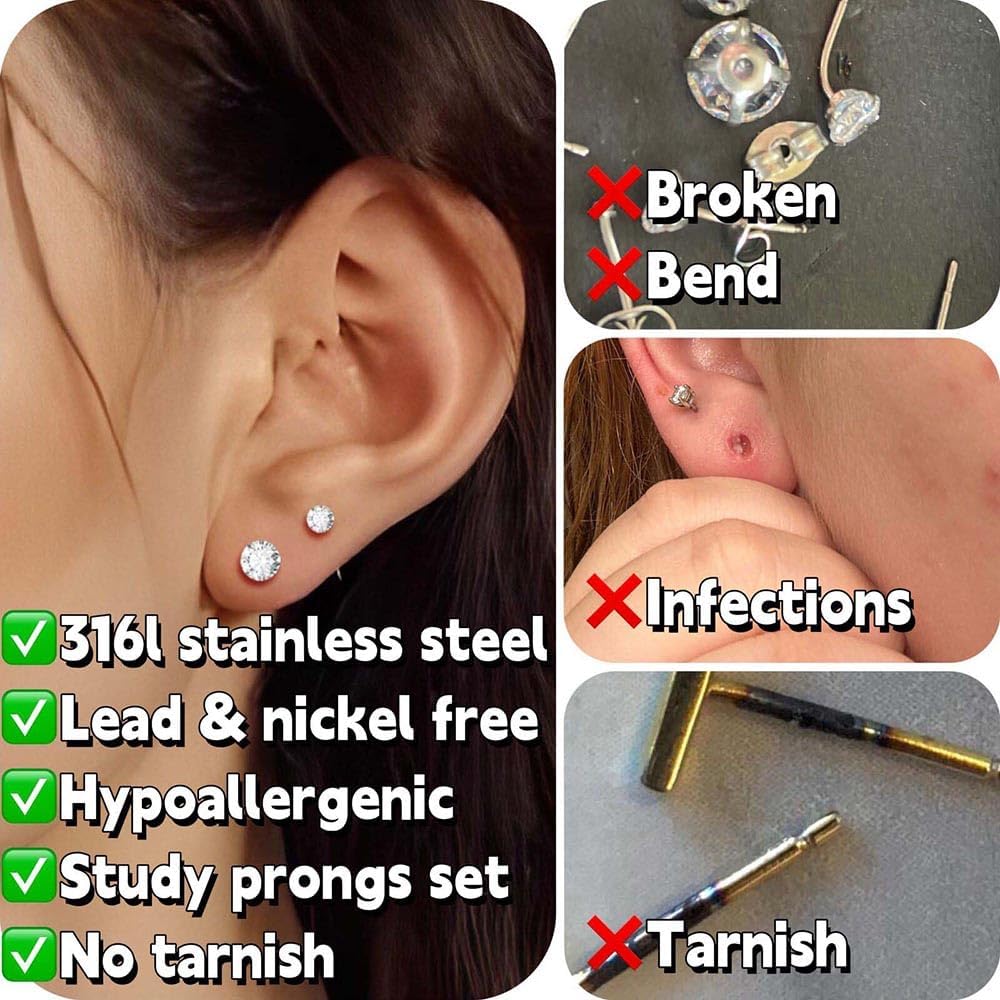 10 Pairs Small Stud Earrings for Women Precision-Cut Cubic Zirconia Earrings for Sensitive Ears Hypoallergenic Surgical Stainless Steel Tiny Stack Earrings for Multiple Piercing - Image 5