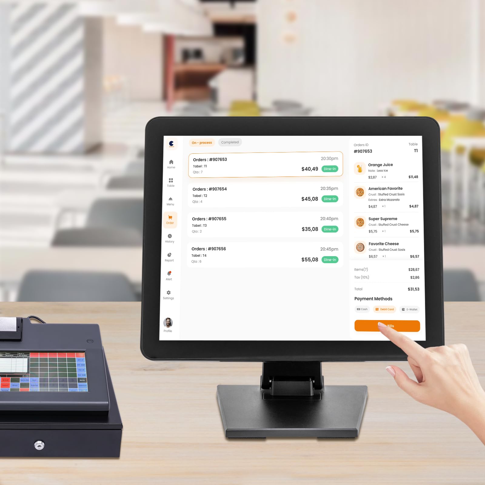 Système de caisse tactile à dix points, caisse enregistreuse pour la restauration et le commerce avec écran capacitif de 17 pouces, réglable et pliable, compatible avec plusieurs systèmes