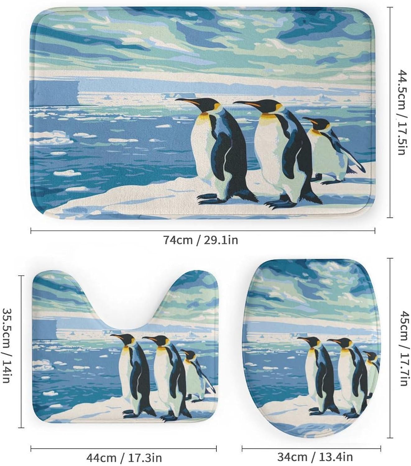 4Pcs Cute Penguin Shower Curtain Sets Bathroom Decor, Iceberg Ocean Animal Ice Sea Shower Curtain with Non Slip Rug, Toilet Lid Cover, Bath Mat and 12 Hooks 72W x 72L