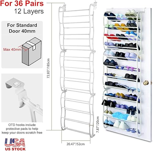 Miniatura 3 de Organizador de zapatos para colgar sobre la puerta, 36 pares de 12 niveles, organizador de zapatos colgante grande, estante de almacenamiento con