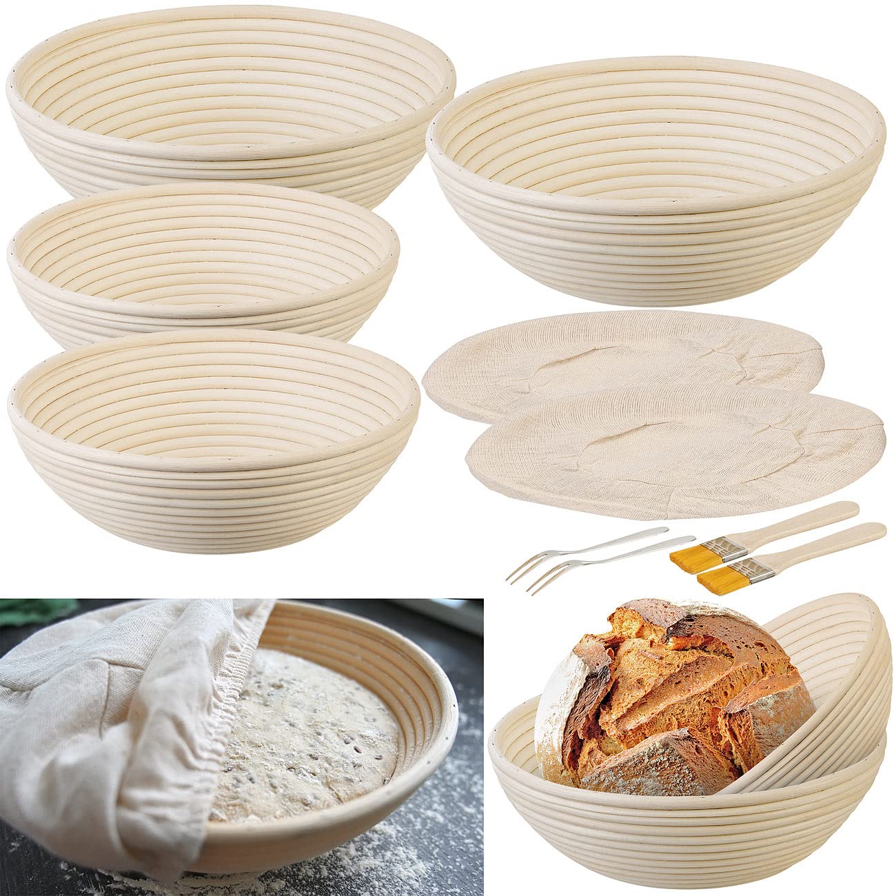 Rosenstein & Söhne Brot Backen Zubehör: 4er-Set Gärkörbe, Ø 25 & 30 cm, Abdecktücher, Gabel, Reinigungspinsel (Brotbackschale, Korb-Schale, Topf)