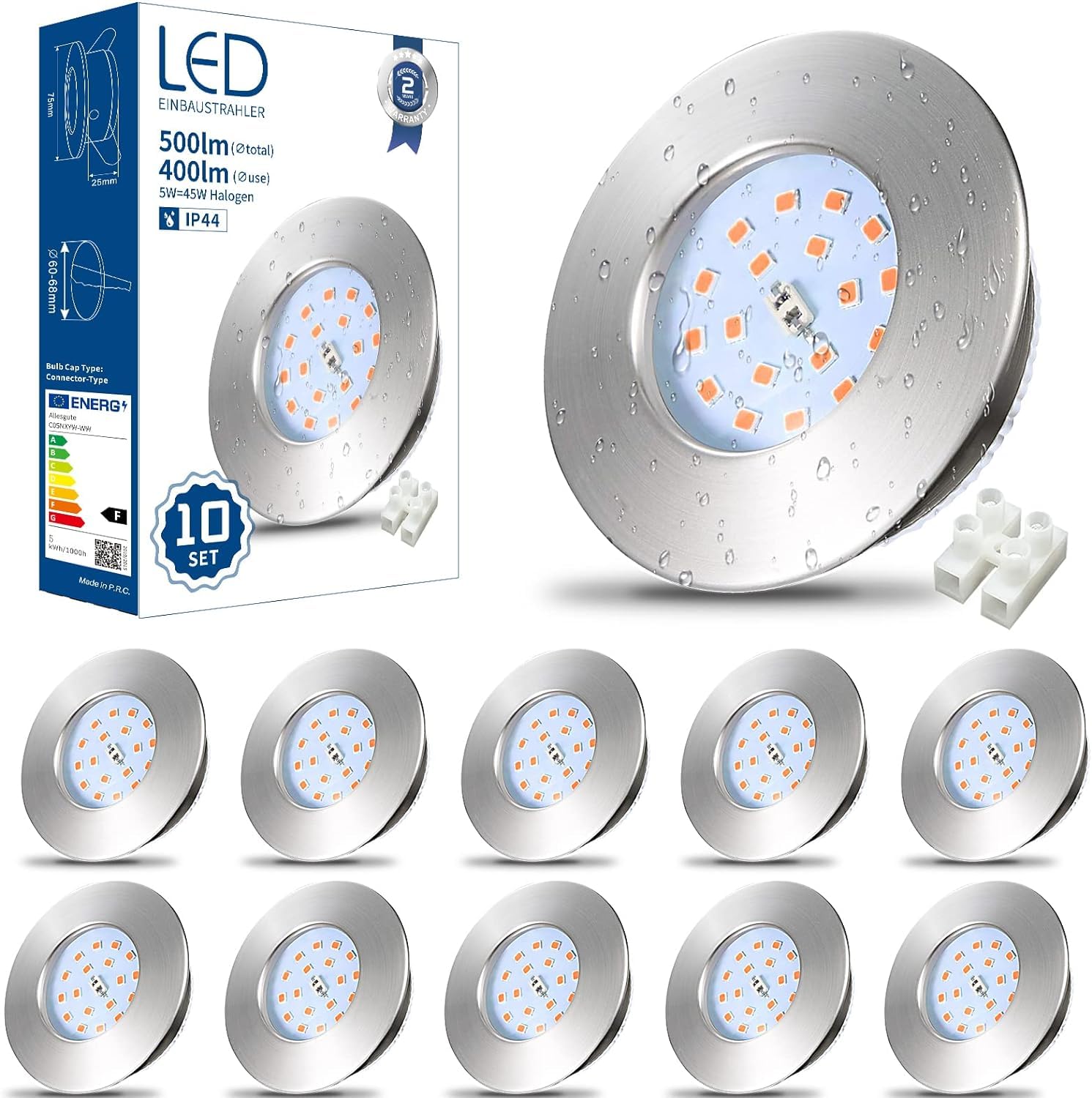HiBay 10 Faretti Led da Incasso per Cartongesso 5W Ultrasottili Faretti Led Soffitto Incasso 500LM,3000K Bianco Caldo,220V Inox IP44,Diametro Foro Ø60mm per Bagno,Esterno