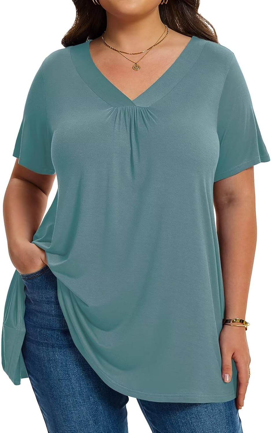 LARACE Plus Size Tops for Women Short Sleeve Women's V Neck Pleated Tunics Dressy T-Shirts Summer Clothes Loose Fit Blouses