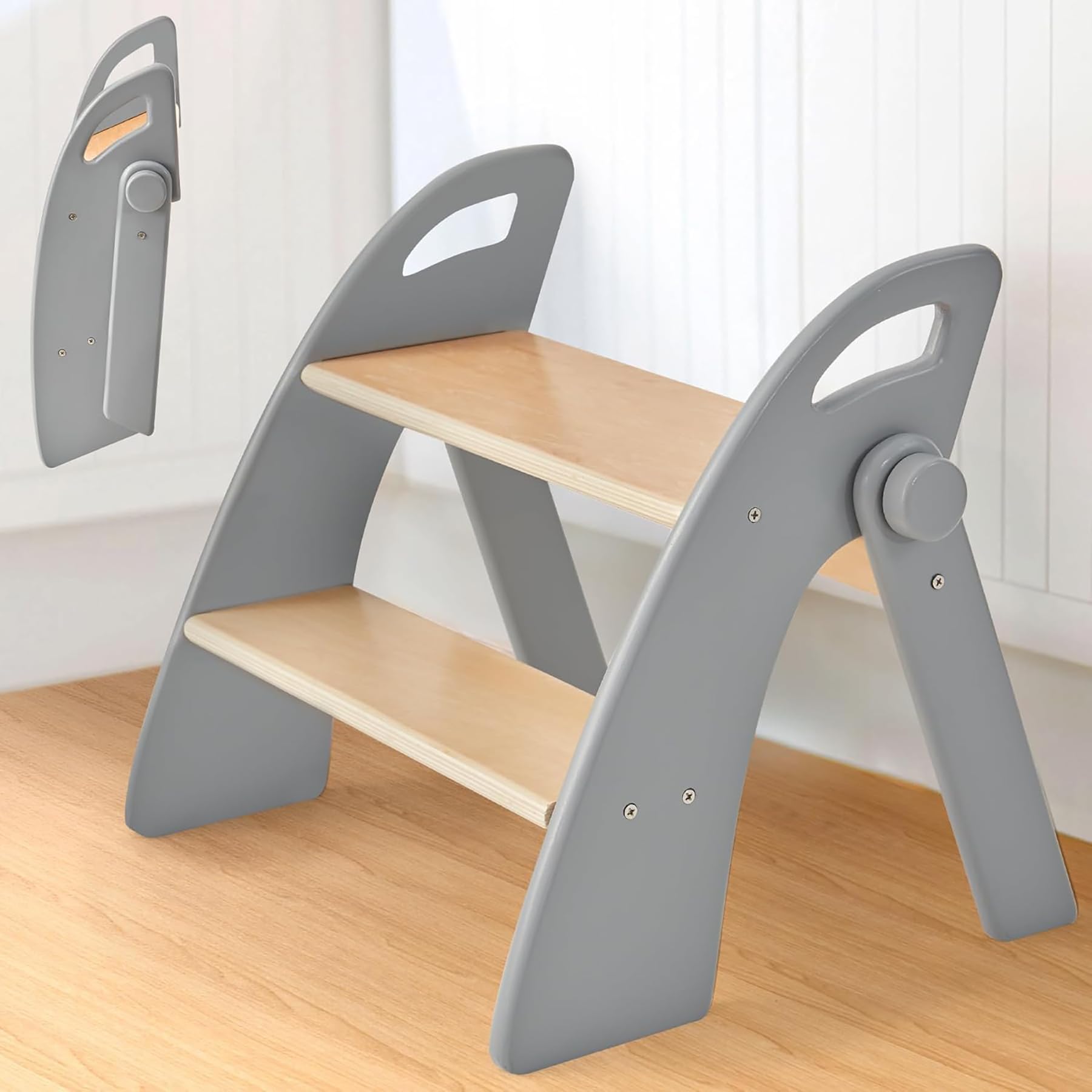 Tritthocker Kinder 2 Stufen aus Holz, 130kg Tragfähigkeit mit Antirutschmatte und Griffen, Faltbarer Trittschemel für Baby, Trittleiter für Bad, Kleinkinderzimmer, Küche, Grau