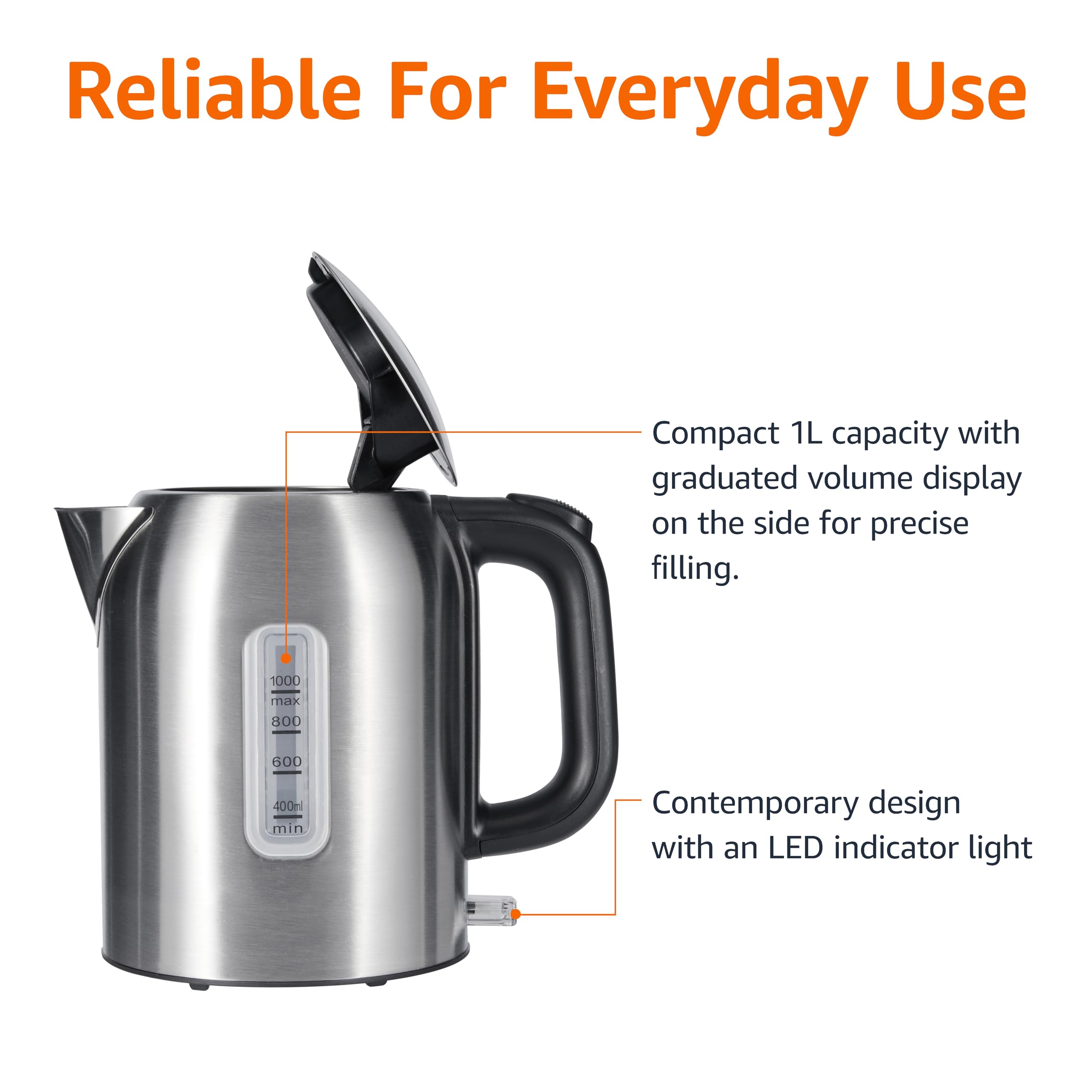 Amazon Basics 1.1Qt (1L) Electric Kettle, Tea Kettle & Water Boiler, with Auto Shut-Off, Boil Dry Protection, High-Safety Strix Thermostat, BPA-Free, 1500W, Stainless Steel, New Model, Black & Silver - Image 2