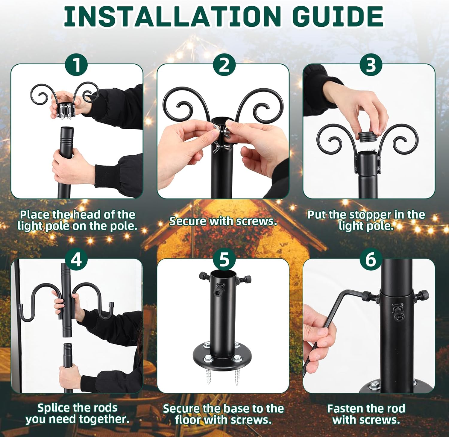 String Light Poles 2 Pack, 10FT Patio Light Poles for String Lights Metal Post Pole with Hooks to Hang Outdoor String Lights, Plant Baskets, Bird Feeder, Matte Black(2pcs)