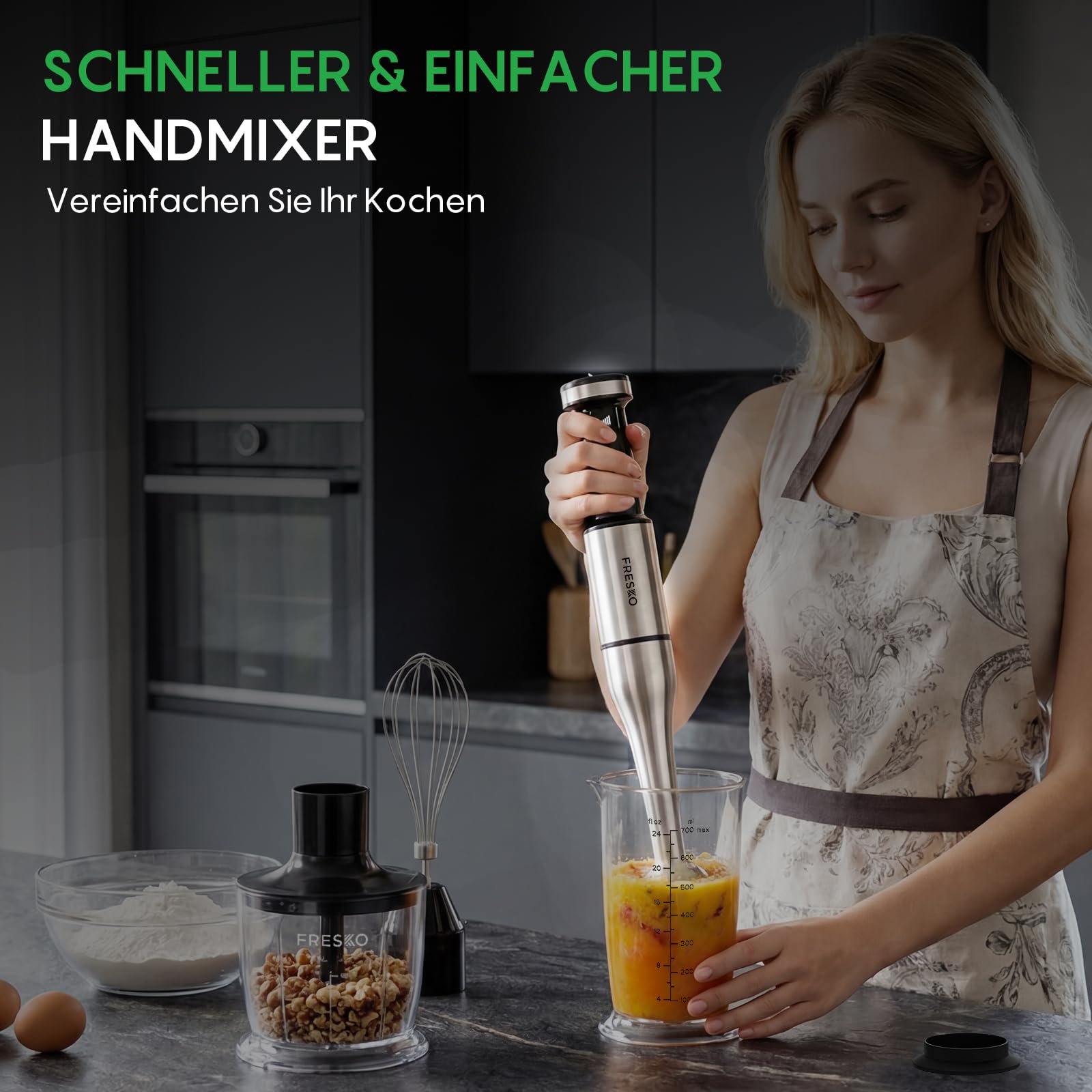 FRESKO Stabmixer 1000W mit Zubehör-Set, Stufenlose Geschwindigkeitsregelung | Pürierstab Edelstahl, Schneebesen inkl., 500ml Lebensmittelhacker, Messbecher mit Deckel & Schutzhülle
