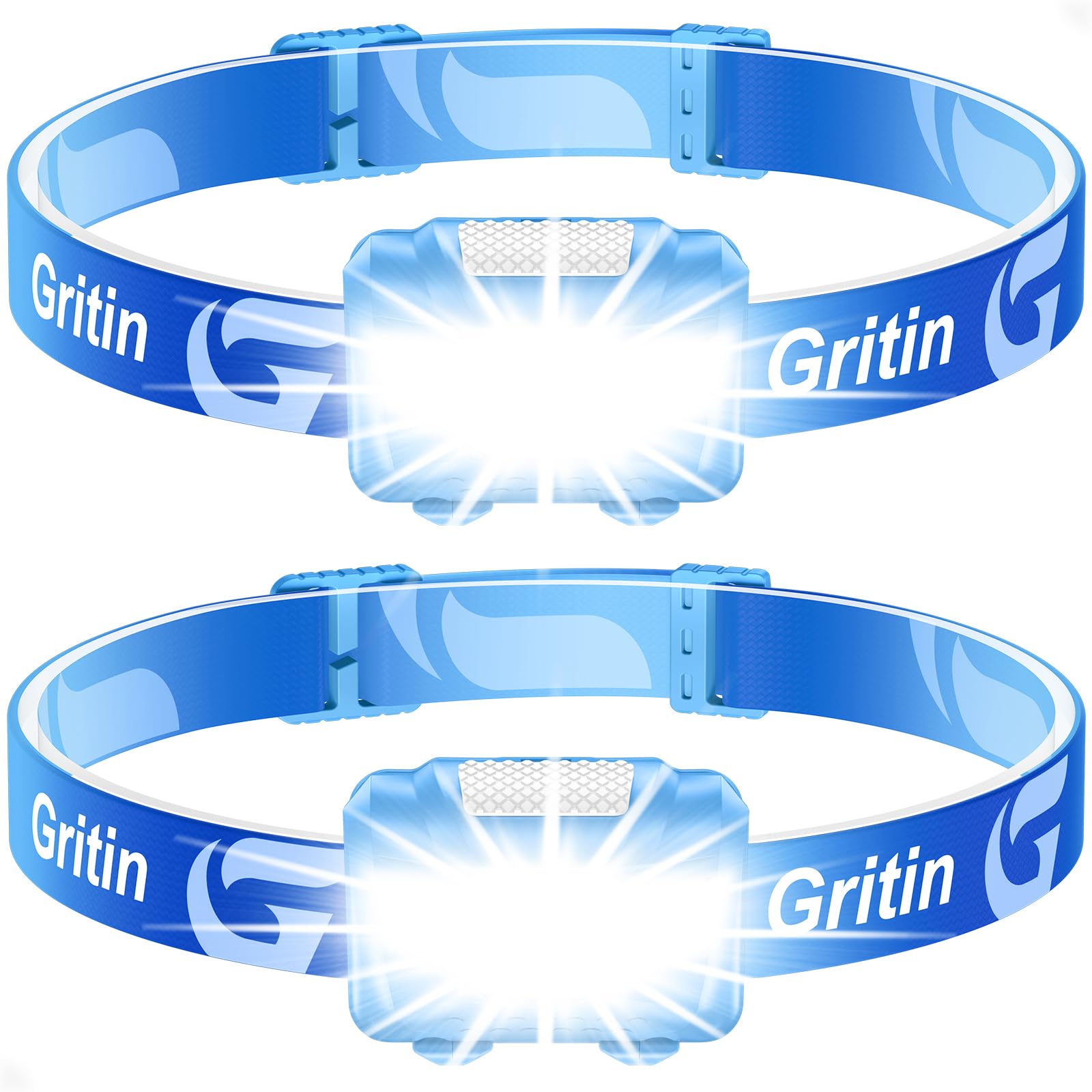 Gritin LED Head Torch, [2 Pack] Super Bright Headlamp Headlight with 3 Modes, Waterproof, Battery Powered LED Lightweight for Camping, Outdoors, Emergency [6 AAA Batteries Included]-Royal Blue — image 1