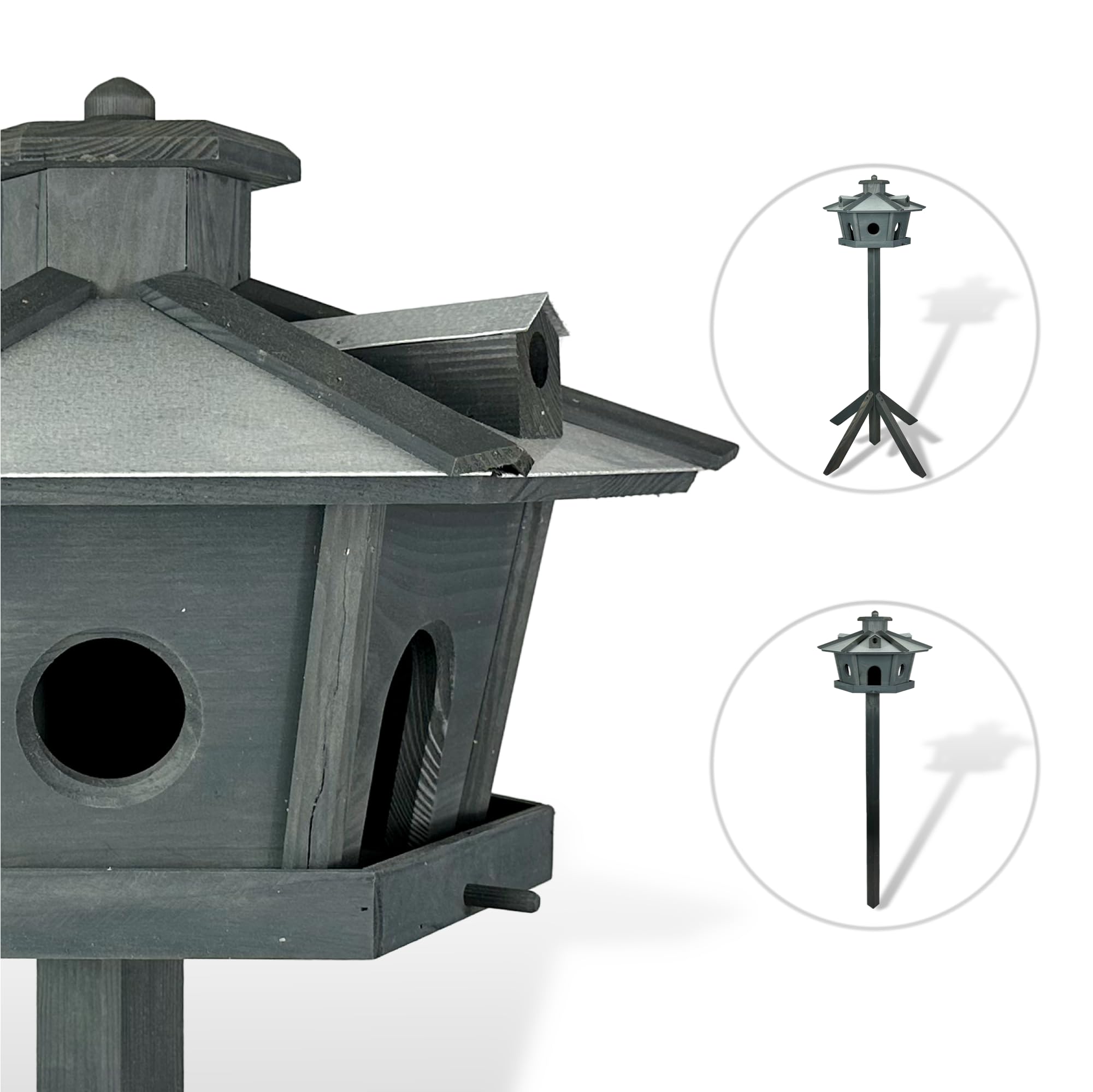 GARTENETAGE Vogelhaus Holz mit 2in1 Ständer & Metalldach/Vogelhaus mit Ständer wetterfest und stabil/sechseckiges Vogelfutterhaus mit Ständer/Robustes Vogelhäuschen für Balkon und Garten
