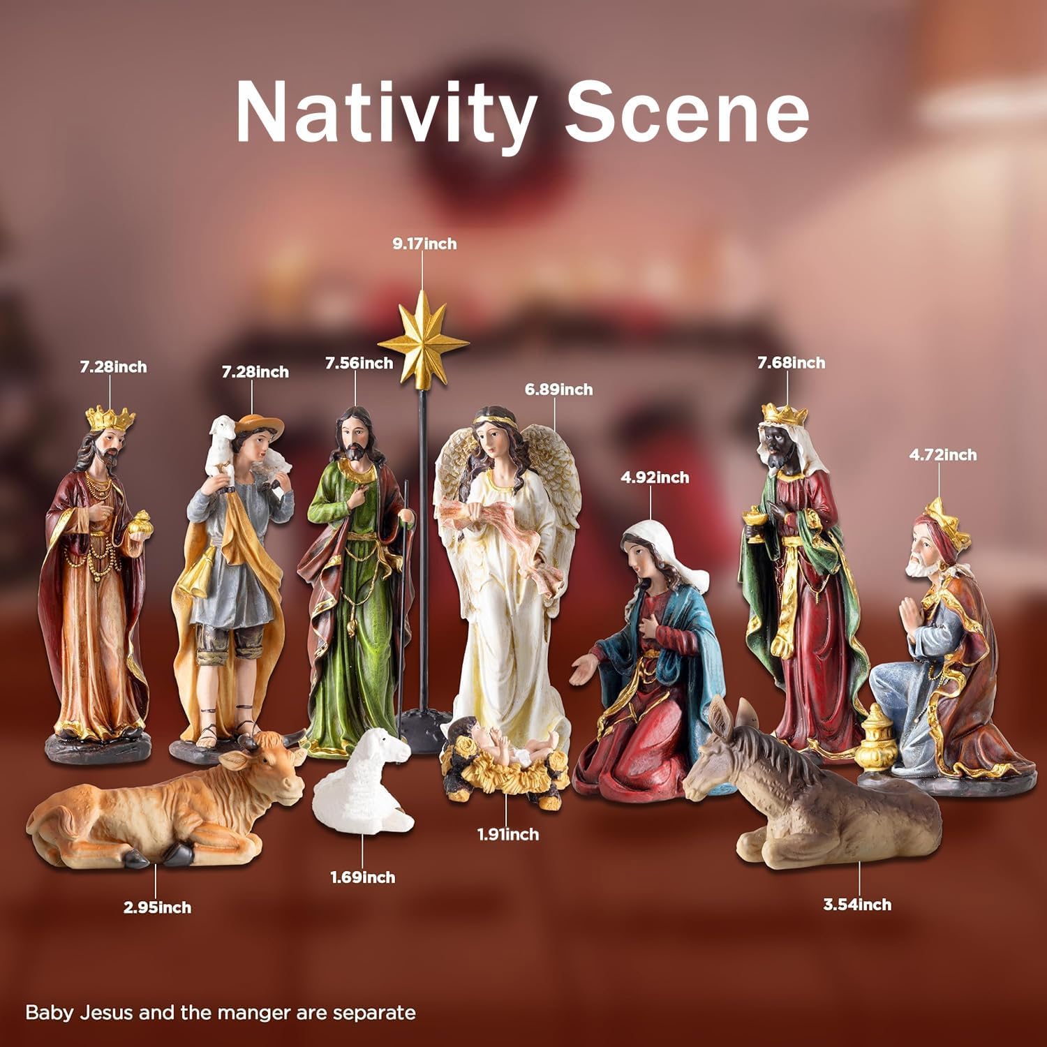 7.9 Inch Nativity Set for Christmas Indoor 13 Pieces - Exquisite Resin Craftsmanship Nativity Scene Figurines for Table Collection Holiday Decor