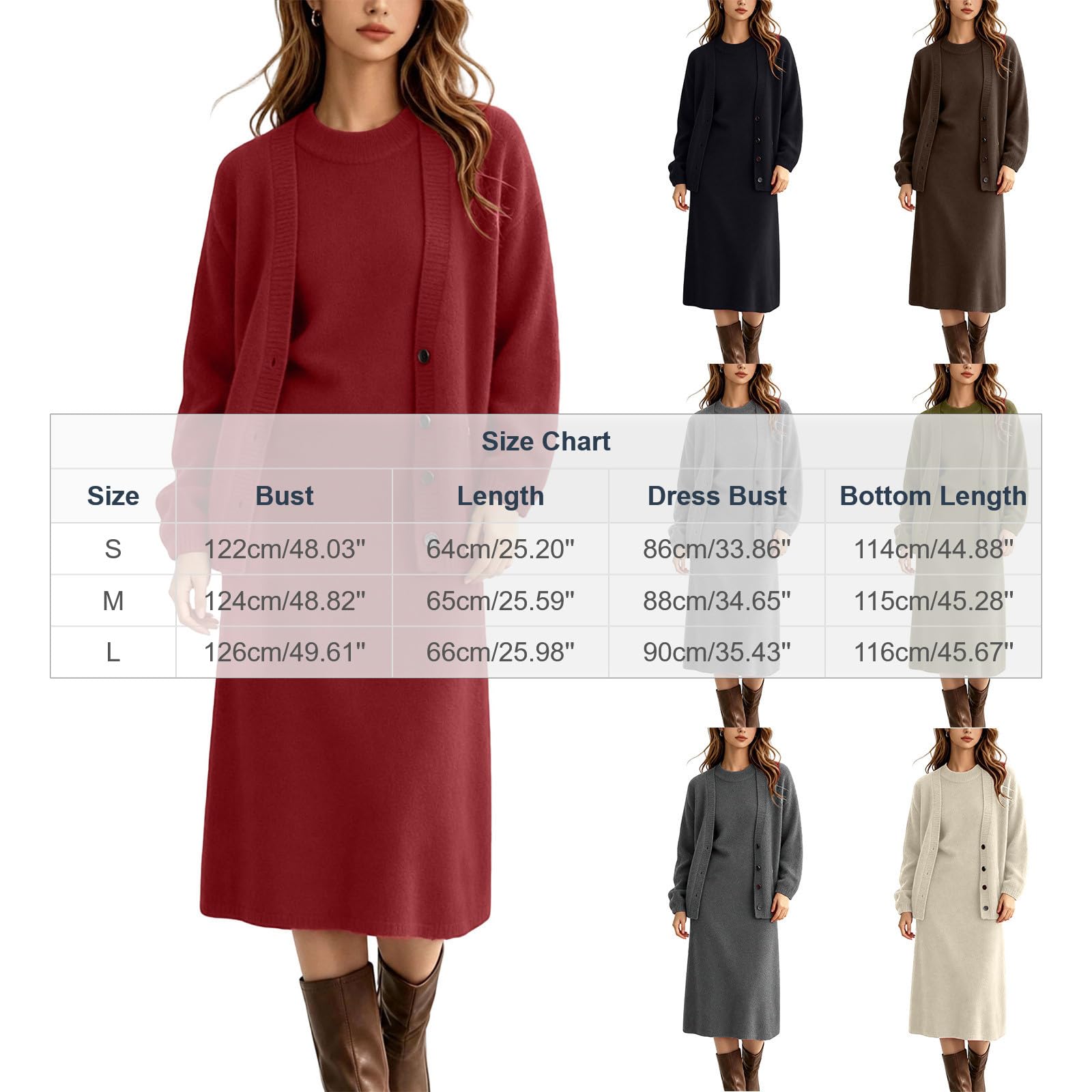 Conjunto de 2 piezas para mujer, manga larga, cuello redondo, vestido midi de punto con botones, cárdigan para otoño e invierno, cálido, cómodo, ajustado, traje de vestir