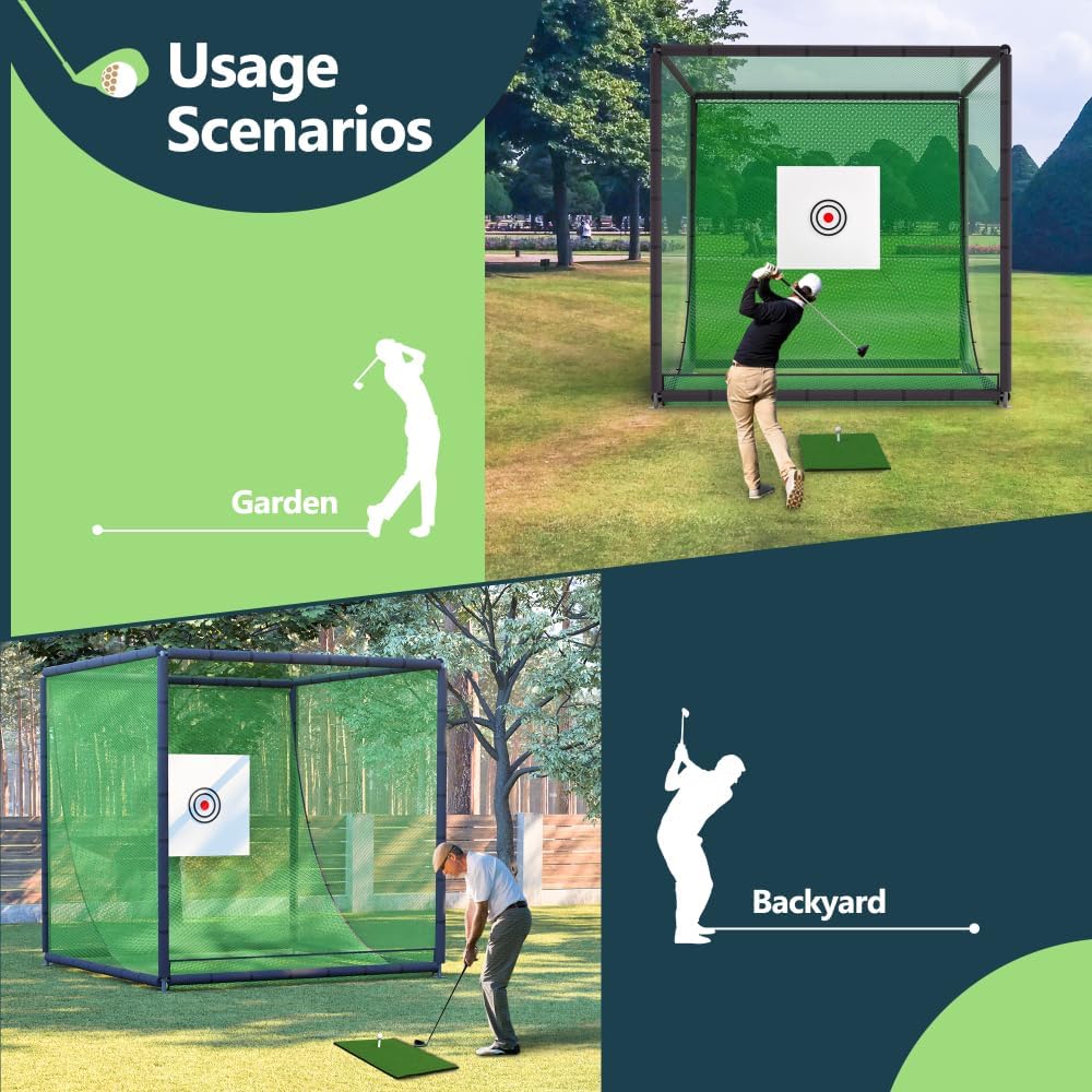 10x10x10FT Golf Practice Net Cage with Metal Frame - Durable Hitting Net for Indoor Outdoor Swing Training