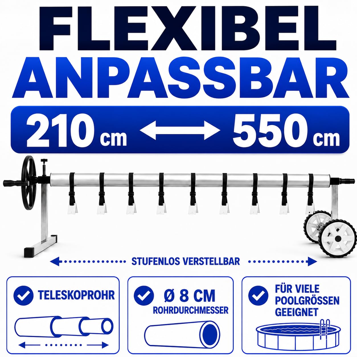poolomio® Pool Aufroller aus Aluminium | Mobile Auf- und Abrollvorrichtung für Poolabdeckungen & Solarplanen | 210–550 cm verstellbar | UV- & wetterbeständig | Tragkraft bis 60 kg | inkl. Befestigung