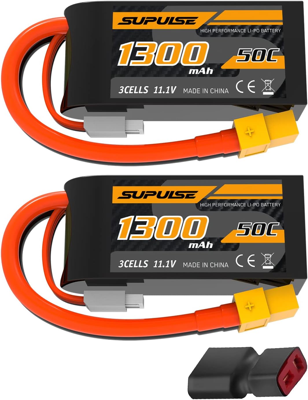 11.1V 3S Lipo Battery 50C 1300mAh Soft Case Battery with T Plug and XT60 Plug for RC Airplane Helicopter RC Boat RC Car Truck(2 Packs)