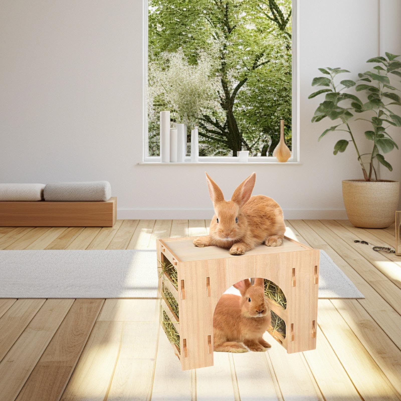 Donateur de Chauffage en Bois pour Lapins, Maisonnette pour Hamsters, Jouets D'enrichissement Interactifs, Mangeoire, Râtelier à Foin pour Lapins,