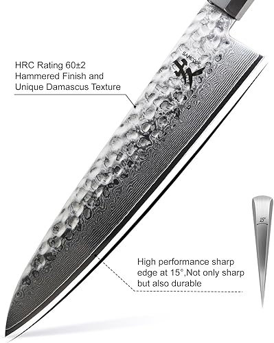 Miniatura 3 de SAMCOOK Cuchillo de chef japonés  Cuchillo de cocina profesional de 8 pulgadas con acabado martillado Damasco, VG10 Damasco de acero de alto