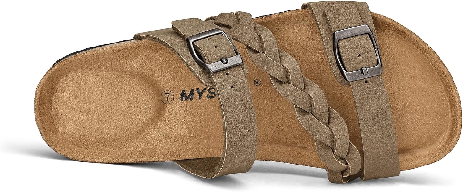 mysoft Womens Braided Cork Sandals Flat Adjustable Buckle Slides Slip-On Summer Shoes