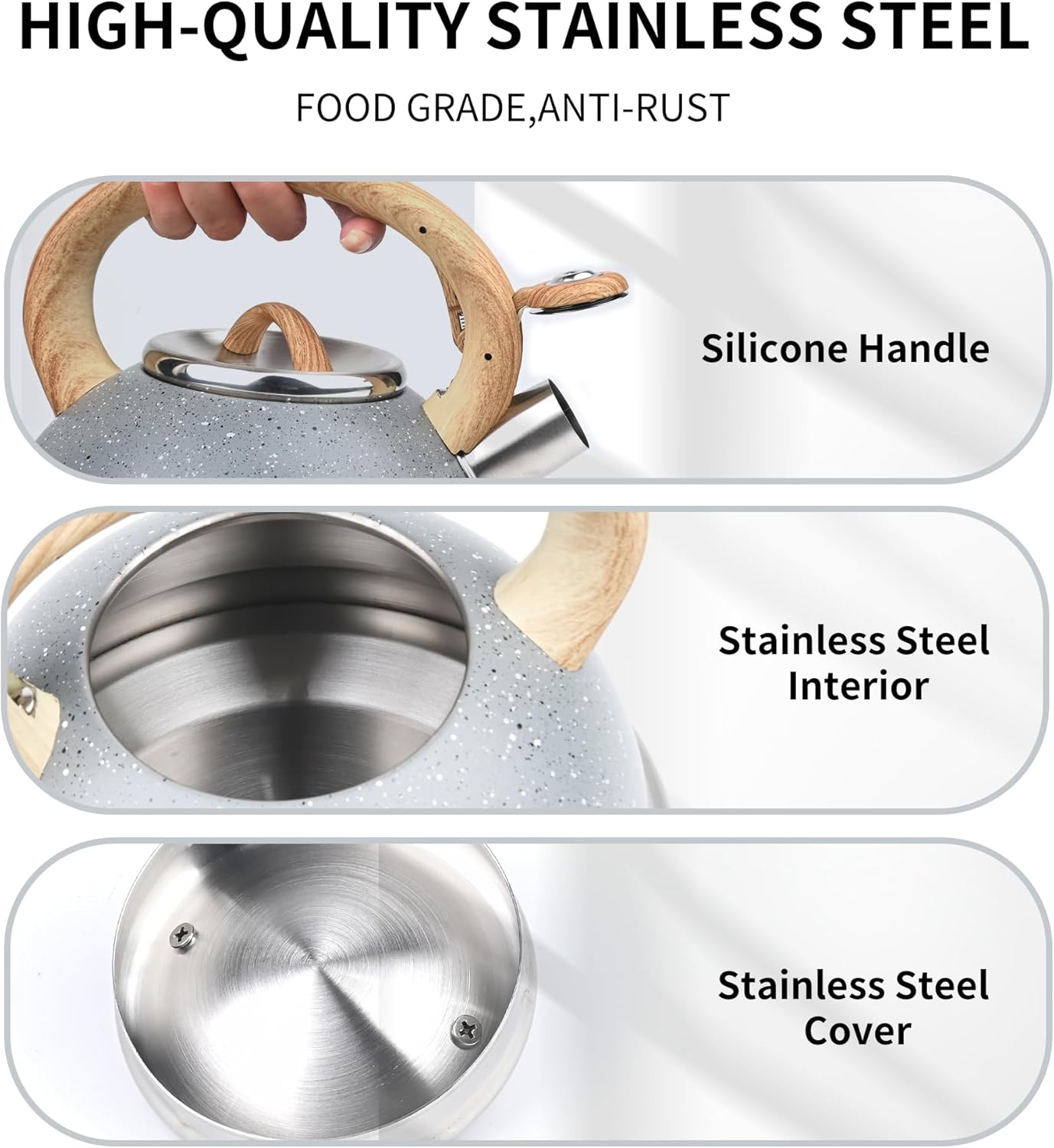 3 Quart Whistling Tea Kettle for Stovetop – Stainless Steel Teapot with Loud Whistle, Cool-Touch Wood Handle, Rust-Resistant Base & Natural Stone Finish (Gray)