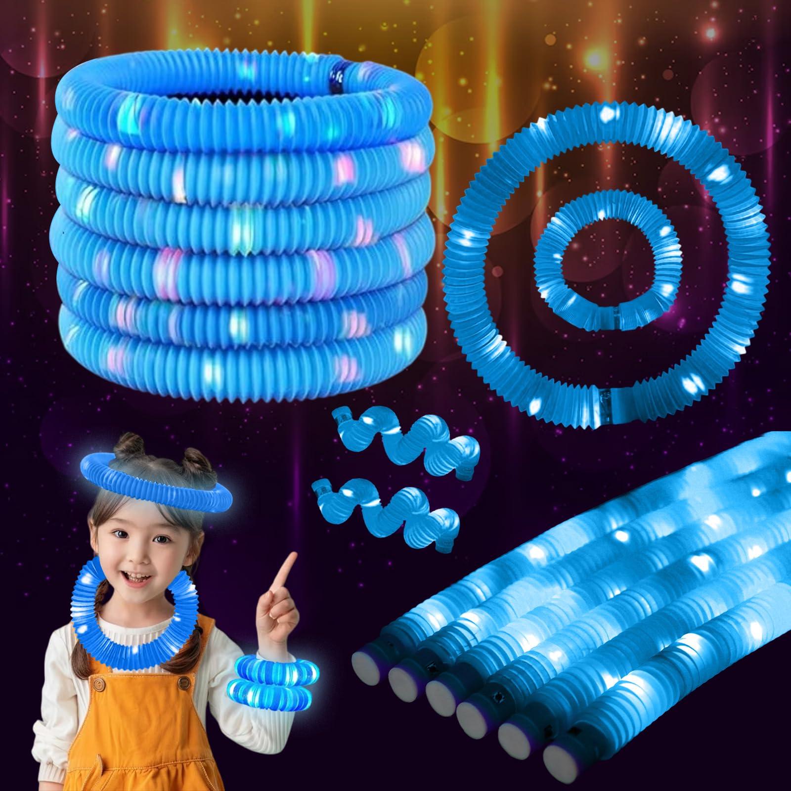 ERGDUTNK Blue 12PCS Light Up Pop Fidget Tubes Party Favors-Glow in The Dark Party Supplies for Kids and Adults, Perfect for Festivals, Birthday Parties, Raves, Concerts, and Camping Decorations