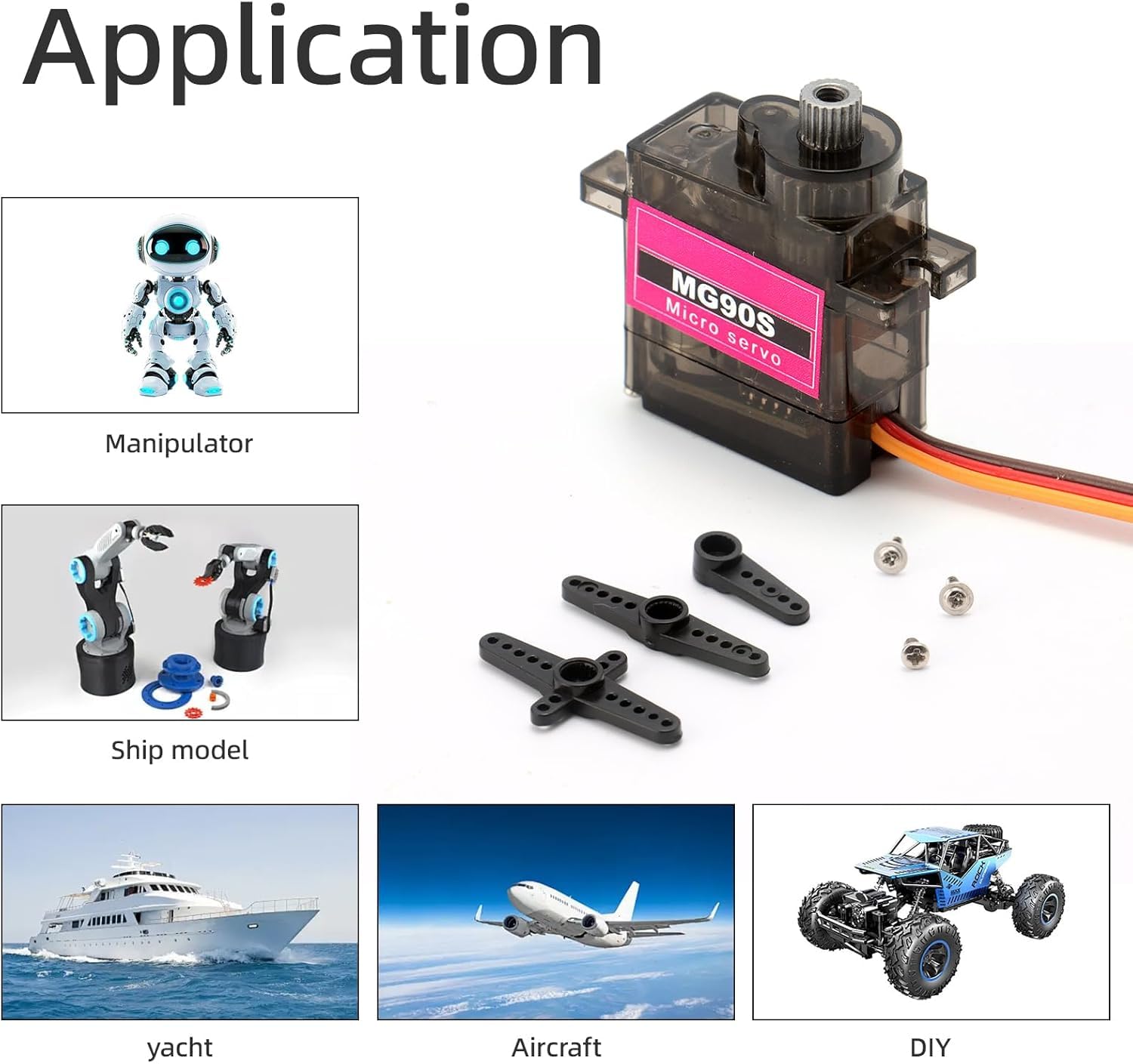 QBM MG90S Micro Servo Motor, Metal Gear, Black and Pink, 180 Degree Rotation, 15x15x18mm, Full Metal Construction, Standard 3-Wire Connector, with Mounting Arms and Screws 2