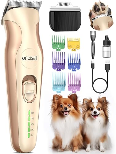 oneisall Cortapelos para perros, 2 en 1, recortador de patas de perro de bajo ruido con cuchillas dobles, 2 velocidades inalámbricas para el cuerpo,