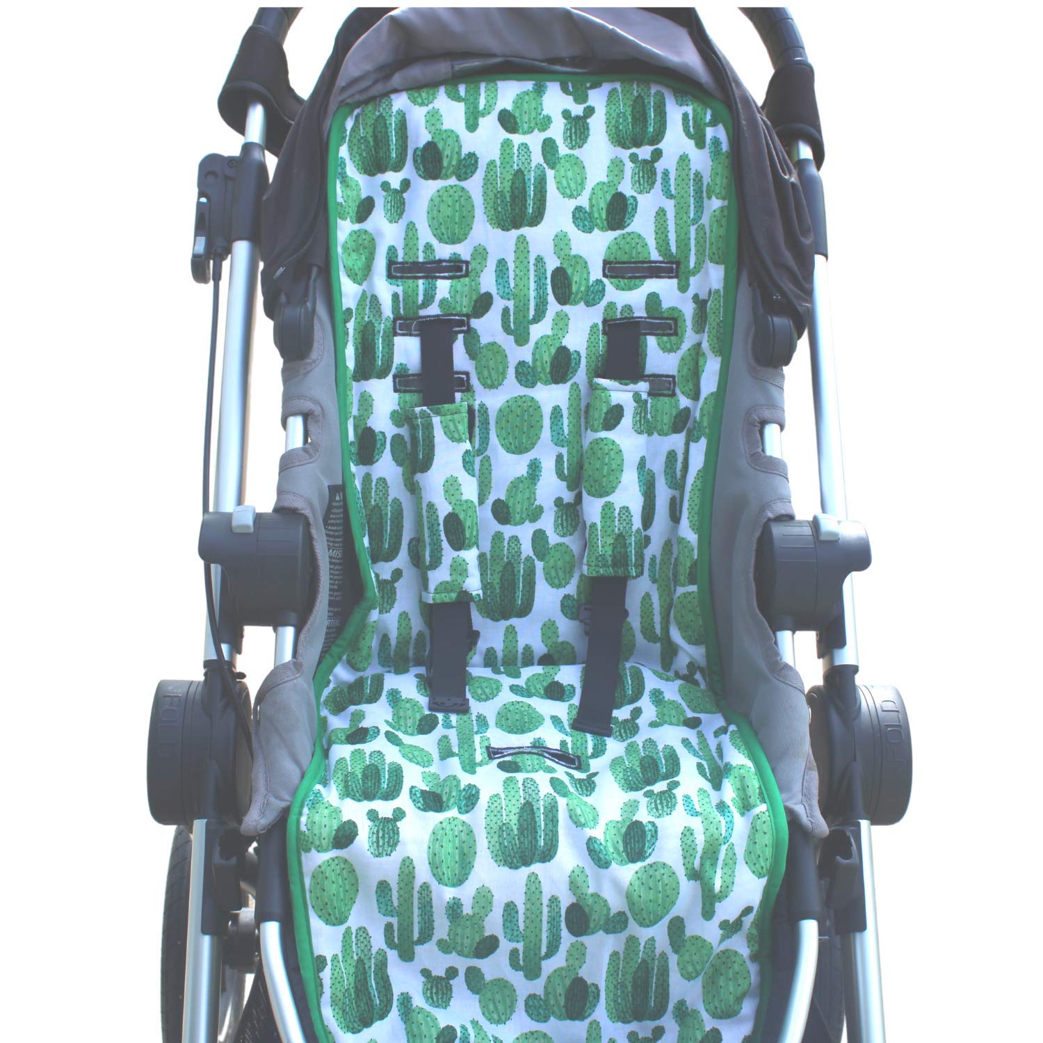 Universal Stroller Pram Liner, Green White Cactus Print, Buggy Seat Cover, Baby Stroller Strap Covers
