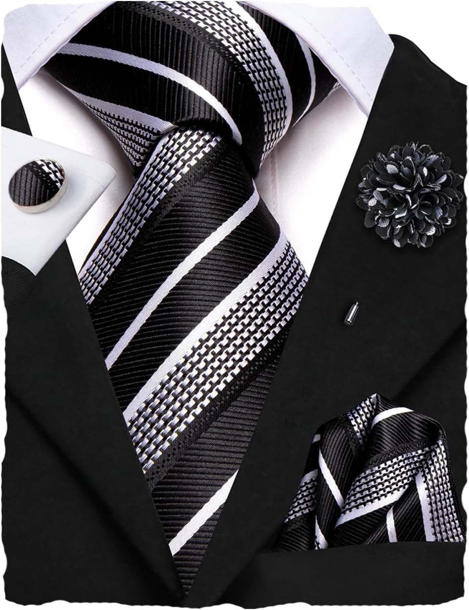 Hi-Tie Men's Tie Lapel Pin Set Pocket Square Cufflinks Formal Woven Silk Tie Sets Wedding Party
