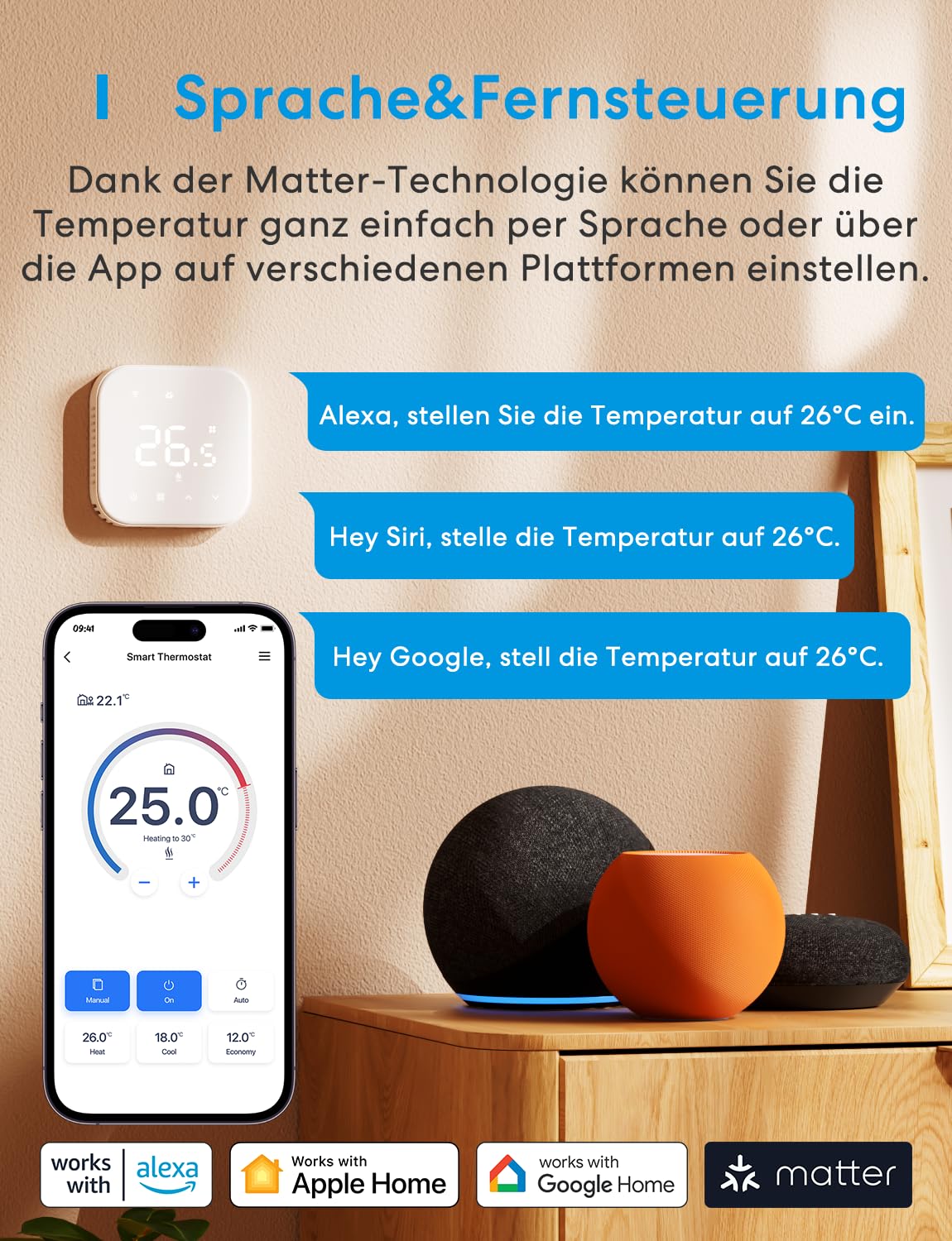 Meross Thermostat Matter Heizungsthermostat Heizung Smart Digital WLAN Raumthermostat für Fußbodenheizung & Boiler, Intelligente Wandthermostat kompatibel mit Alexa, Siri & Google, Home Assistant