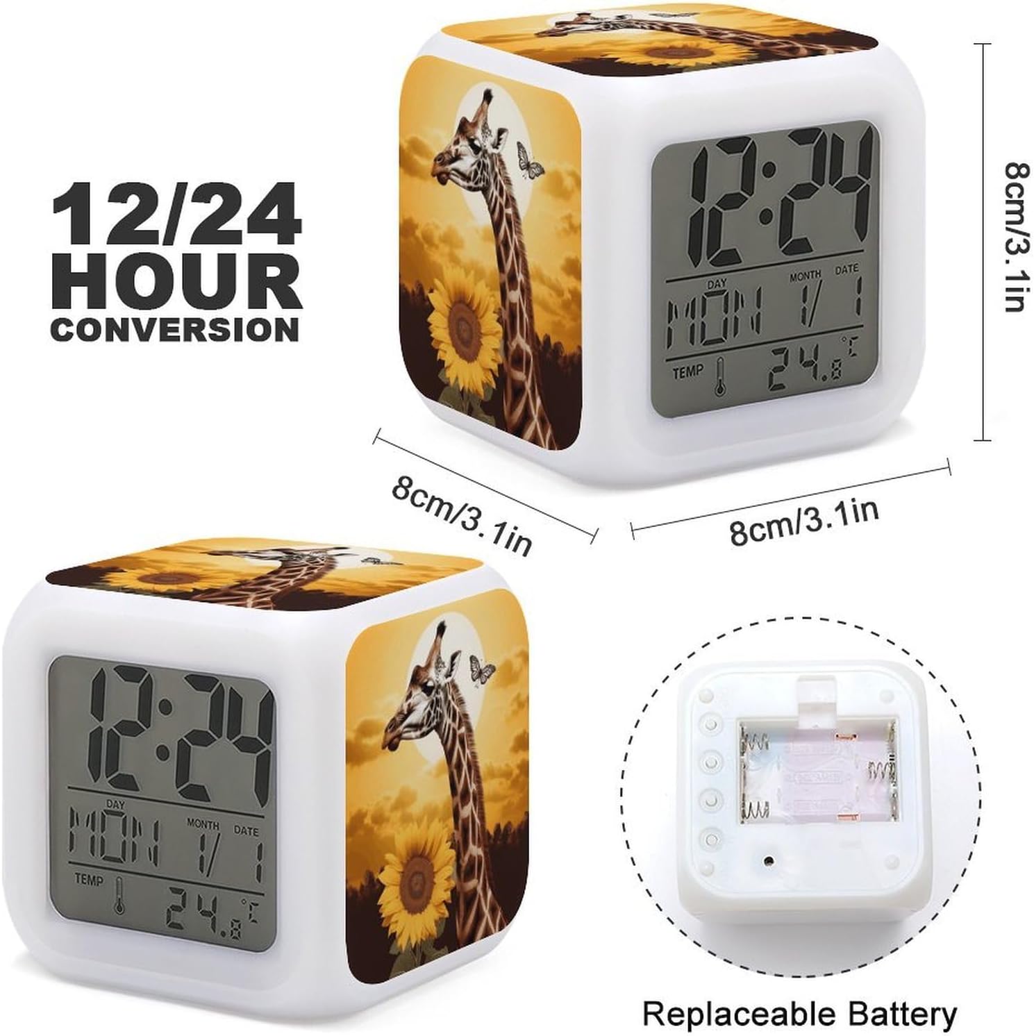 Giraffe and Sunflower Alarm Clock NightLight Alarm Clock with 7 Color Changing Night Light Smart Digital Clocks Temperature Date for Heavy Sleepers Simple Operation Easy to Use image 3