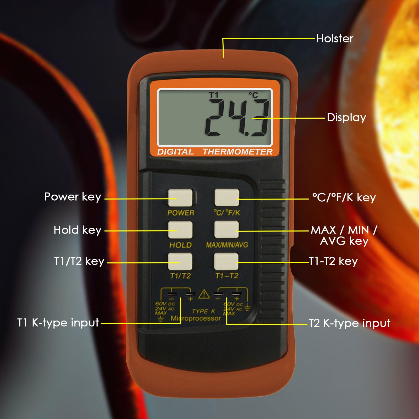Termómetro digital de dos canales K (-50~1300 °C) Pinzas de temperatura y sondas cableadas, medidor de alta precisión Kelvin