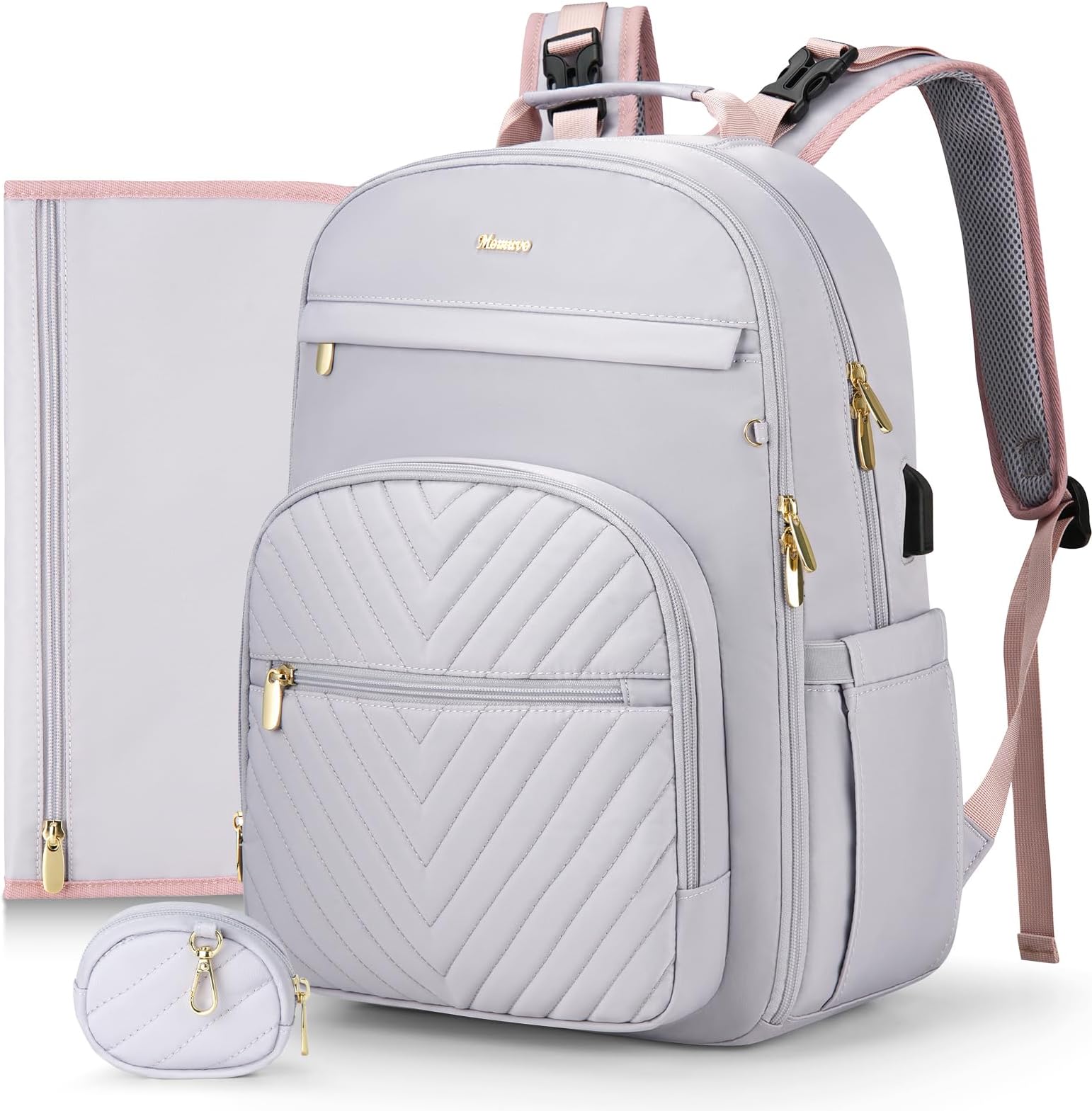 MOMUVO Diaper Bag Backpack, Quilted Baby Bag with Changing Pad & Stroller Straps & Pacifier Case, Large Travel Diaper Bags