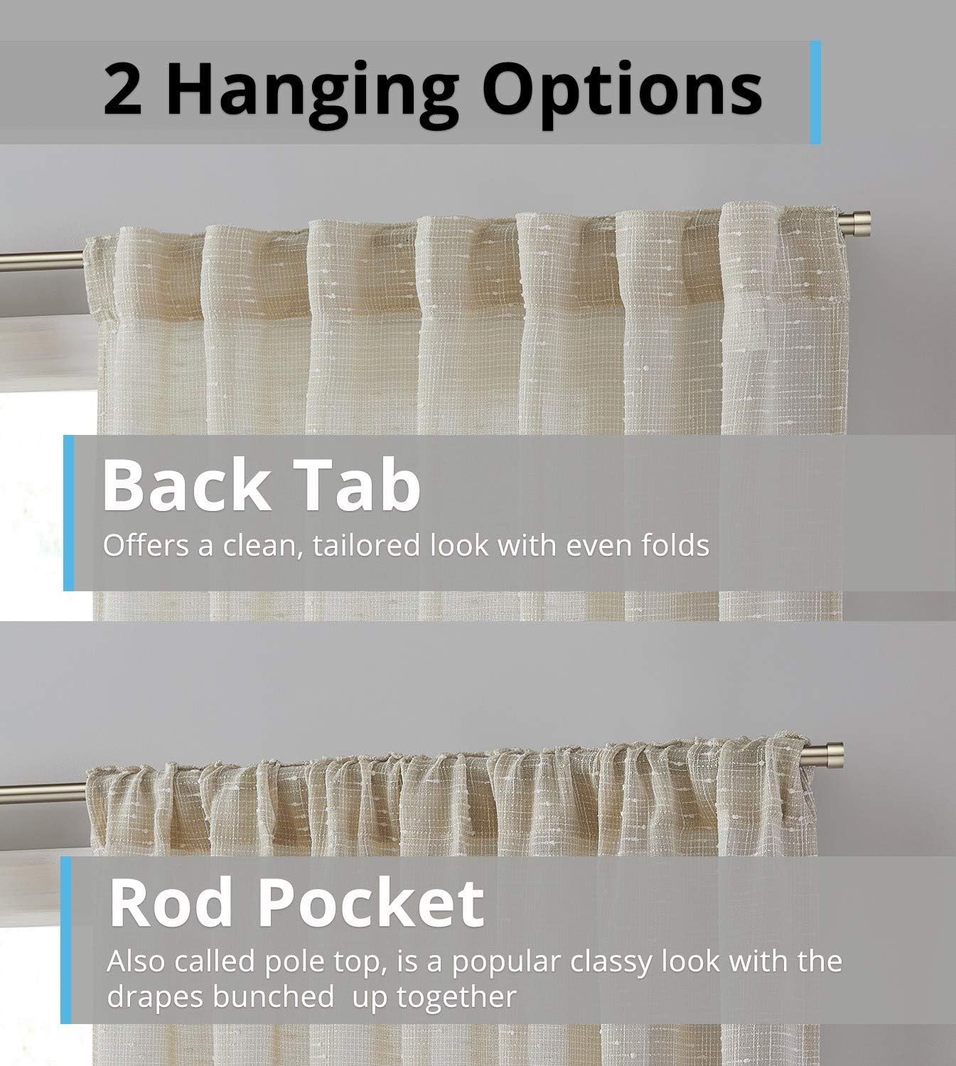 HLC.ME Emily Faux Linen Semi Sheer Light Filtering Transparent Back Tab Pocket Lightweight Window Curtains Drapery Panels for Bedroom, Dining Room & Living Room, 2 Panels (52 x 96 Inch, Beige)