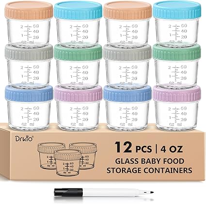 DRKIO 12 Pack Glass Baby Food Storage Containers - 4 Oz Baby Food Jars with Lids Baby Food Maker Microwave Dishwasher Freezer Safe 100% Leak Proof BPA Free Reusable