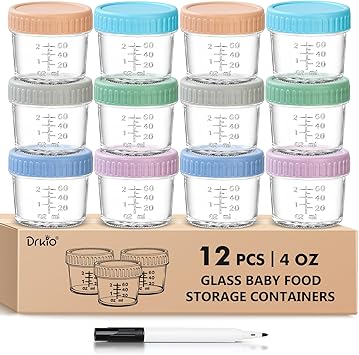 DRKIO 12 Pack Glass Baby Food Storage Containers - 4 Oz Baby Food Jars with Lids Baby Food Maker Microwave Dishwasher Freezer Safe 100% Leak Proof BPA Free Reusable
