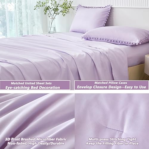 Miniatura 6 de PERFEMET Juego de edredón de 5 piezas color morado lavanda, estético, bohemio, liso, con pompones, de microfibra suave, color morado claro, en una