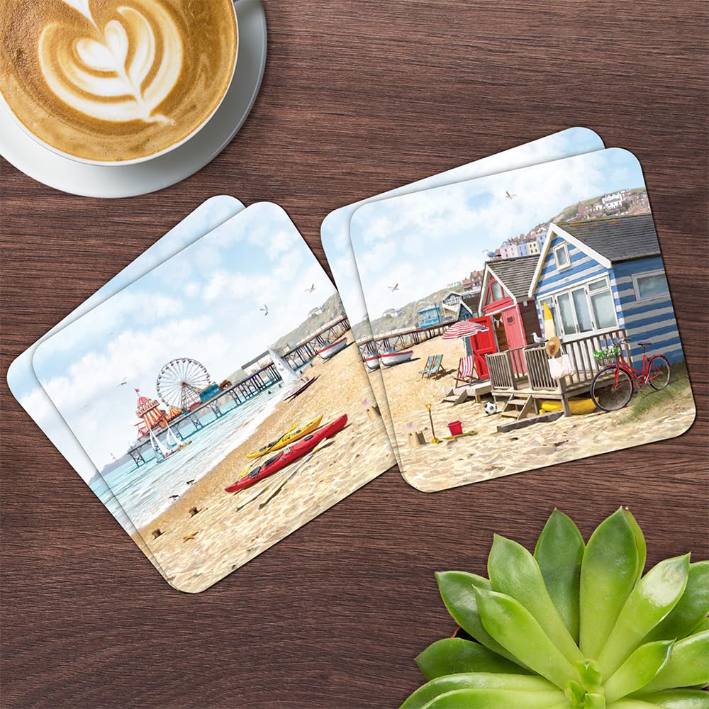 The Leonardo Collection LP94789 Sandy Bay Seaside Beach Huts Drinks Mat Coasters (Set of 4), Boxed